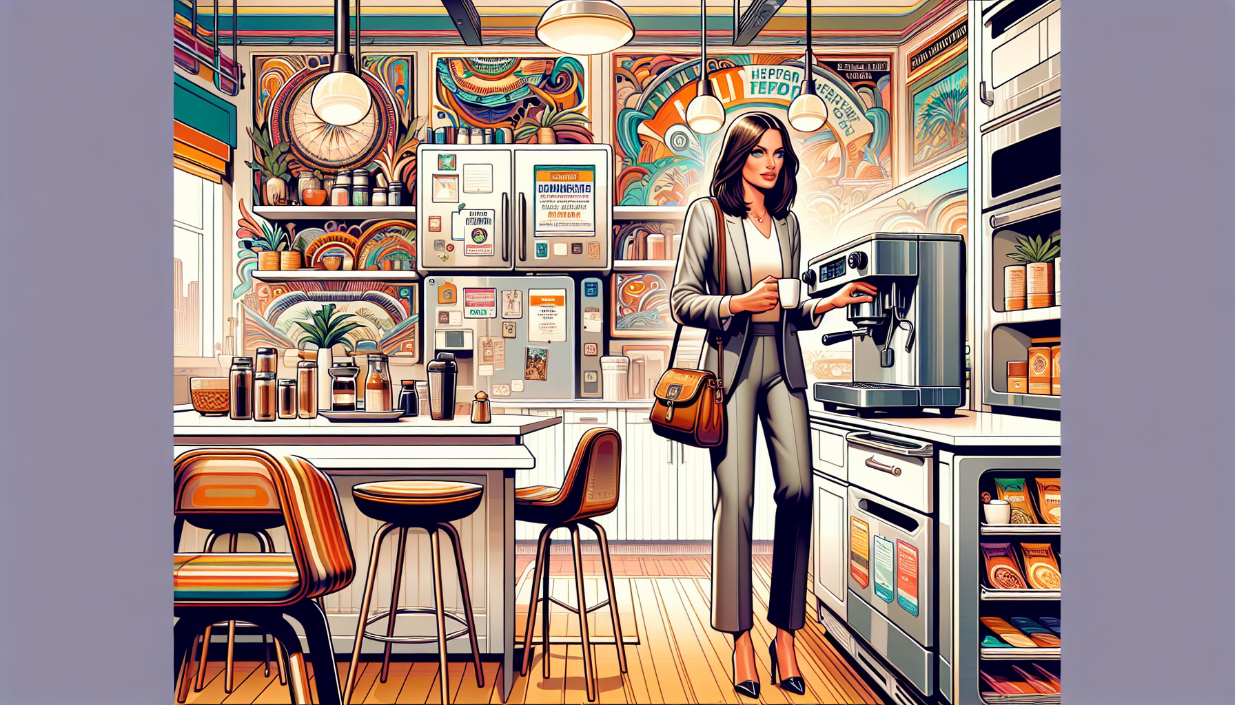 Zoe pours coffee in the communal kitchen, her reflection sharp and professional in the espresso machine.