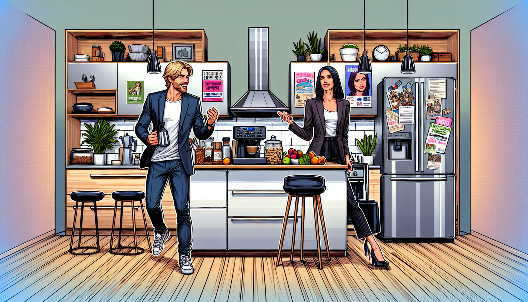 Trevor, in casual chic attire, enthusiastically talks to a composed Zoe in the communal kitchen.
