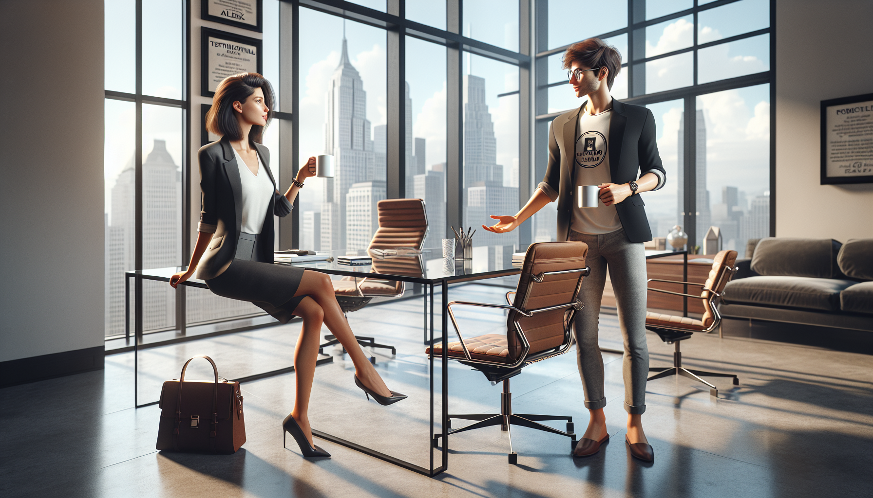 Zoe hands a coffee mug to Alex in her office, their fingers touching briefly.