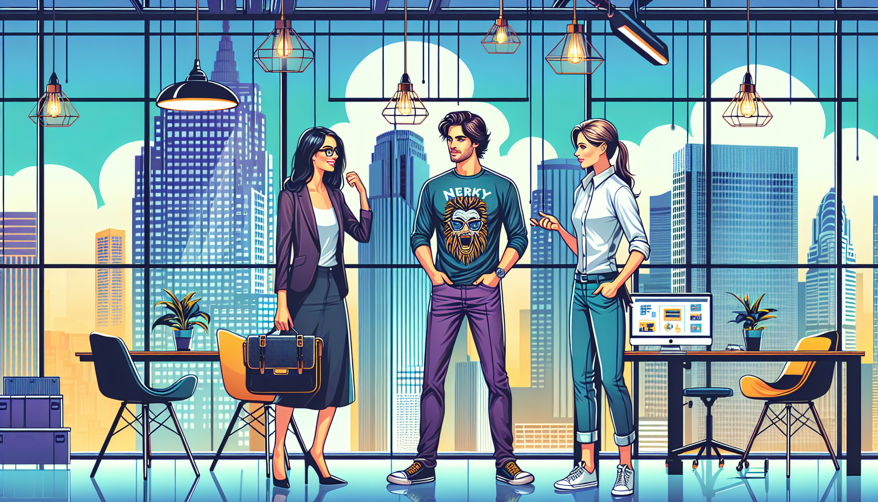 Trevor, in a tie with smiling emojis, excitedly talks to Zoe and Alex, who share amused glances.