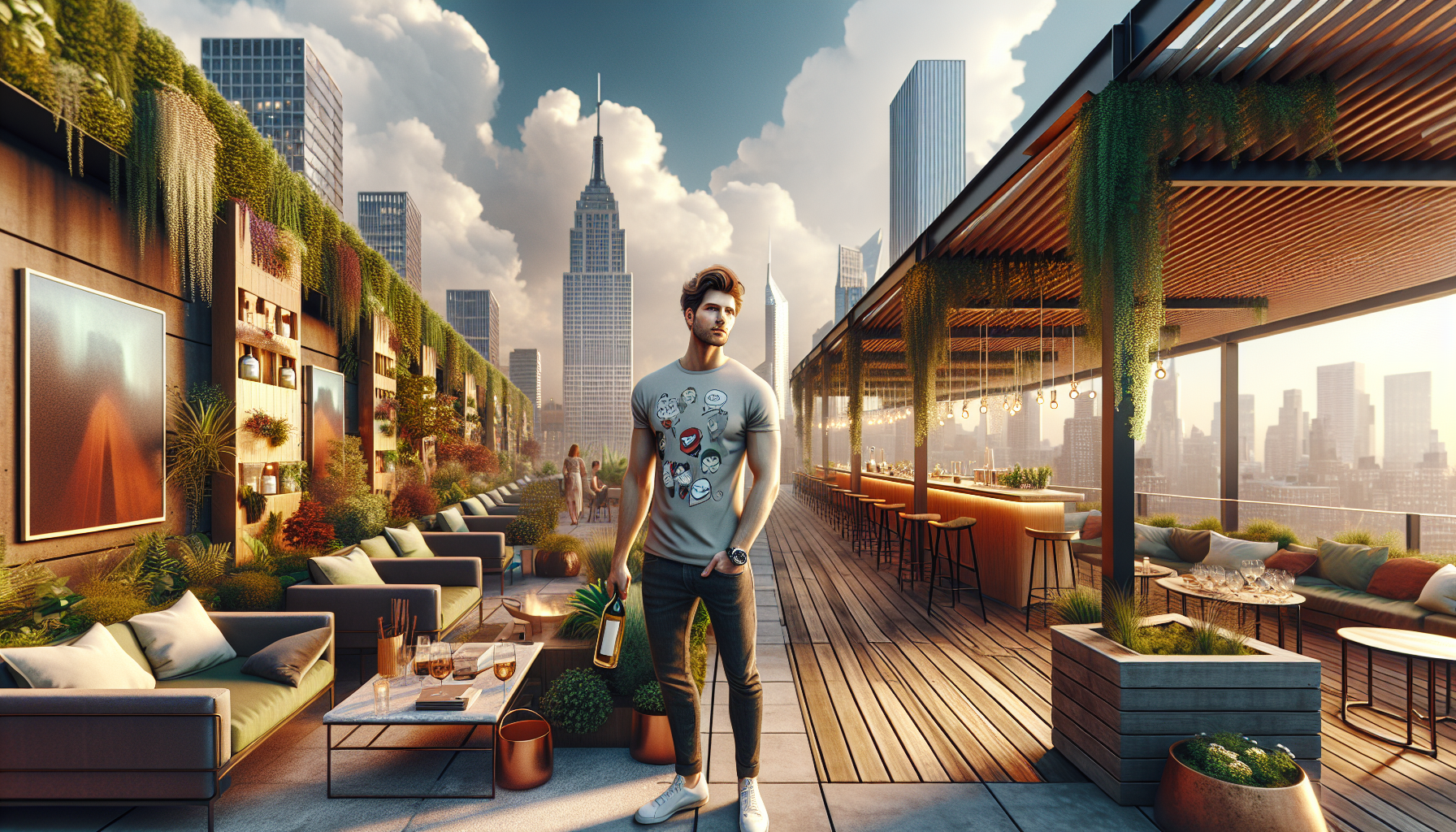 Alex and Zoe on the rooftop terrace, clinking glasses and laughing, with the LA skyline behind.