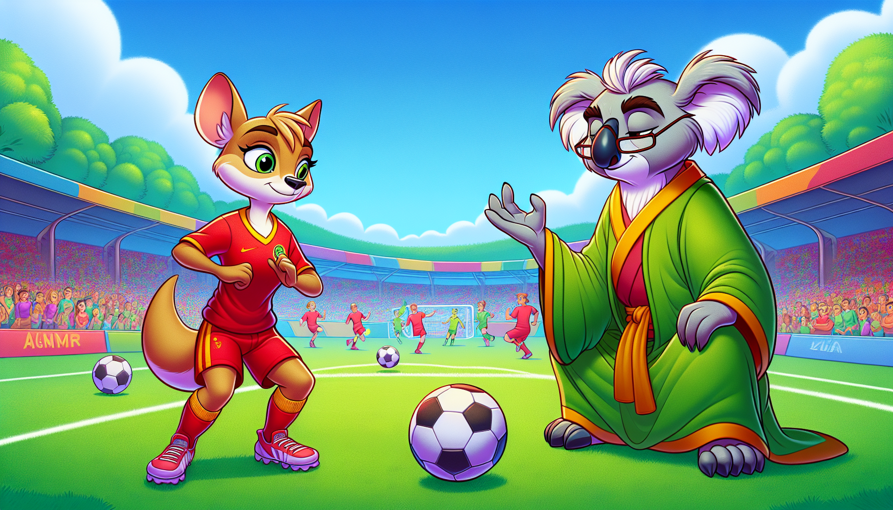 Zen balances a soccer ball on his tail, teaching Katie on the soccer field.