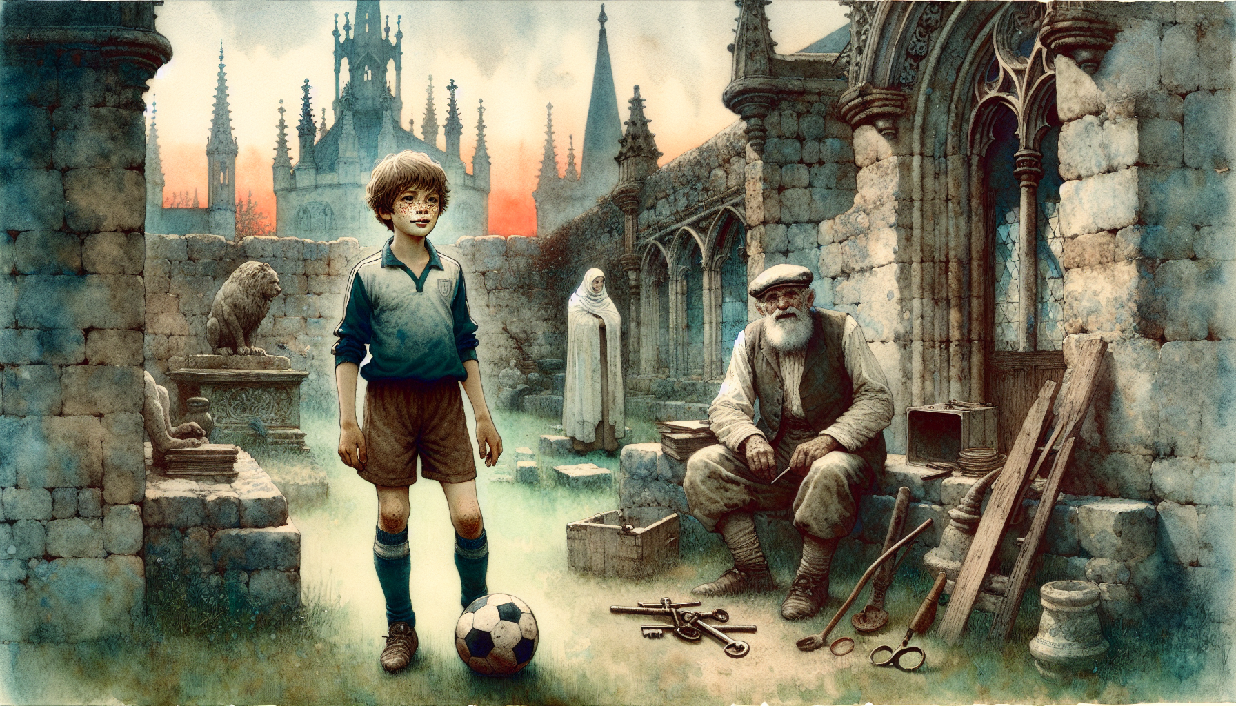 Oliver and the Groundskeeper talk in the castle gardens at sunset.