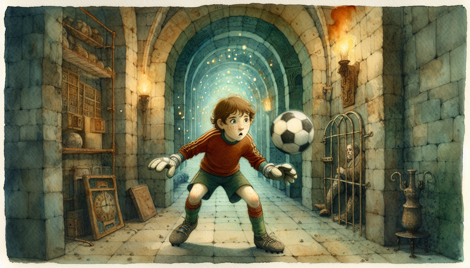 Oliver struggles against animated soccer balls in an underground chamber.