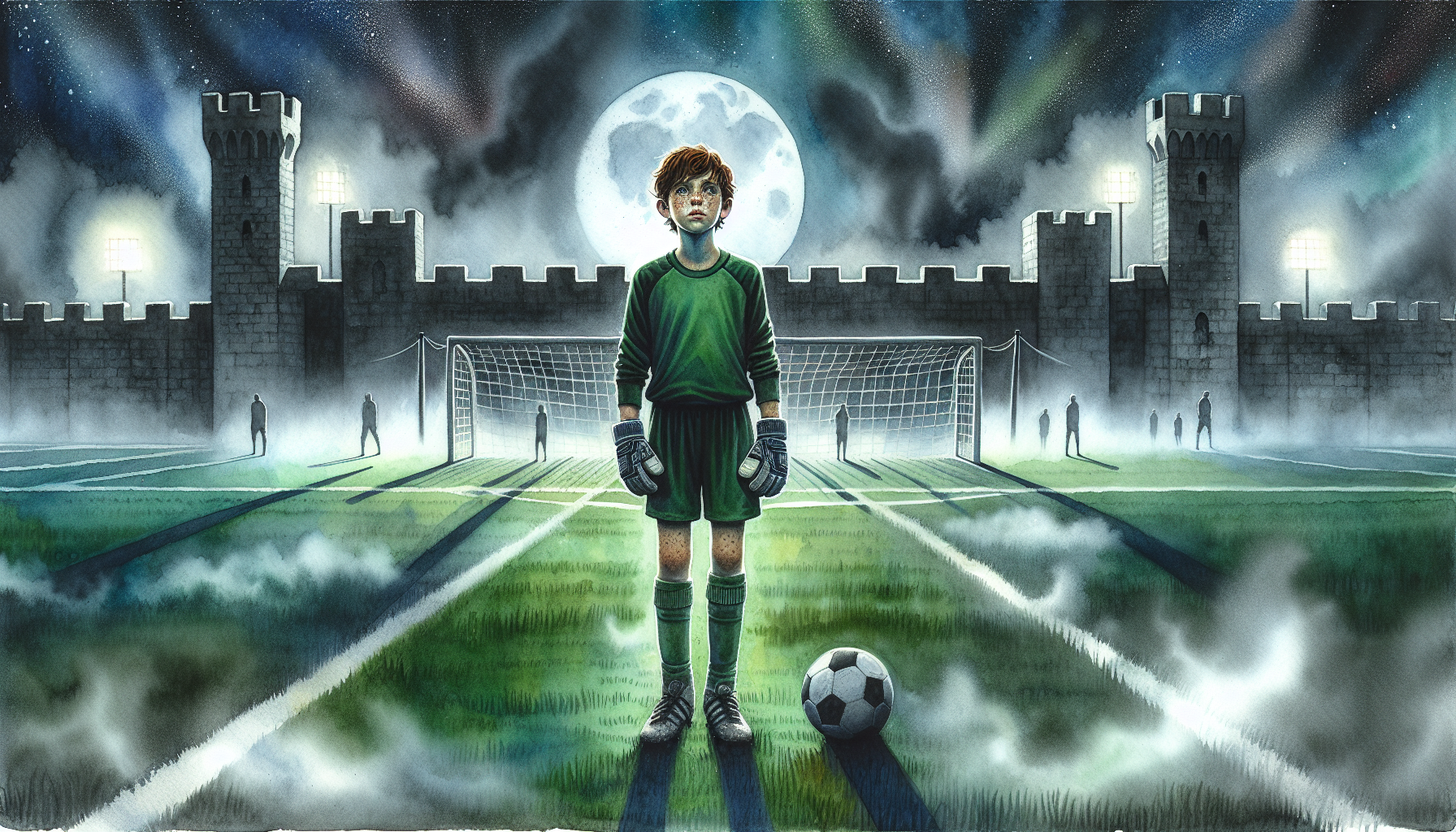 Oliver holds the cursed gloves at the misty soccer field at night.