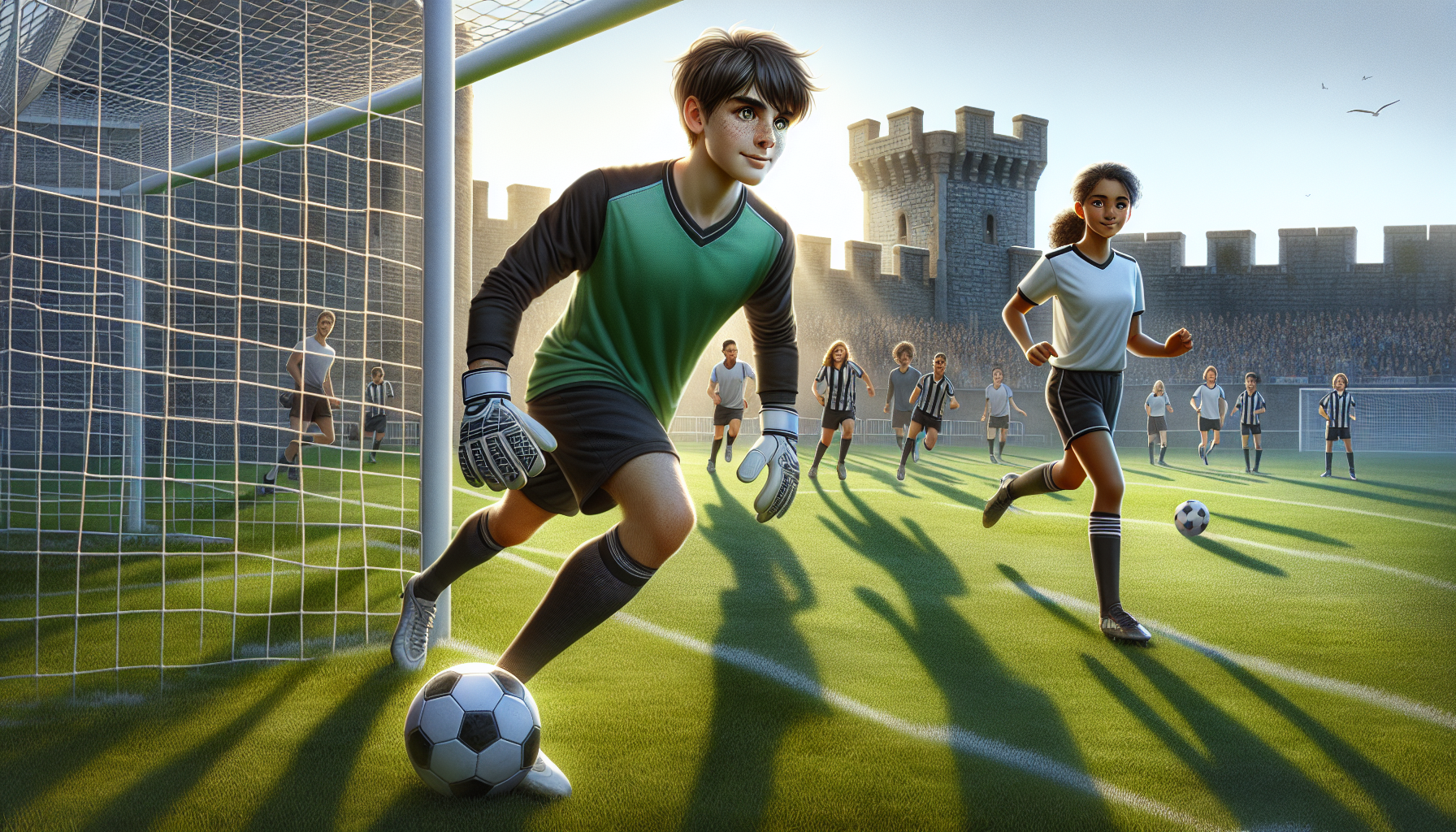 Oliver practices goalkeeping on a bright morning with the castle in the background.