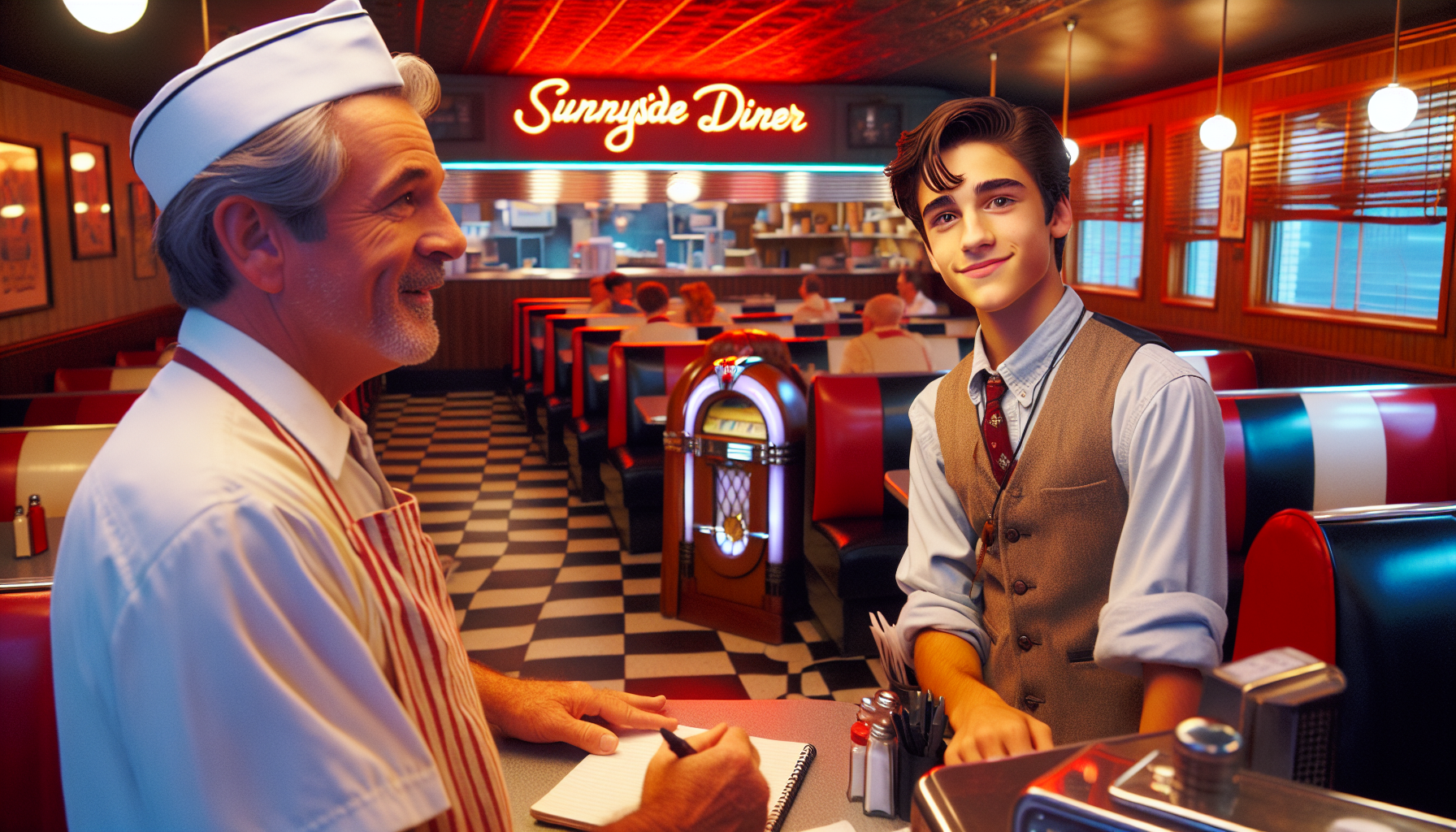 Sam entering Sunnyside Diner, warmly greeted by Mr. Clarkson as he sits in a red booth.