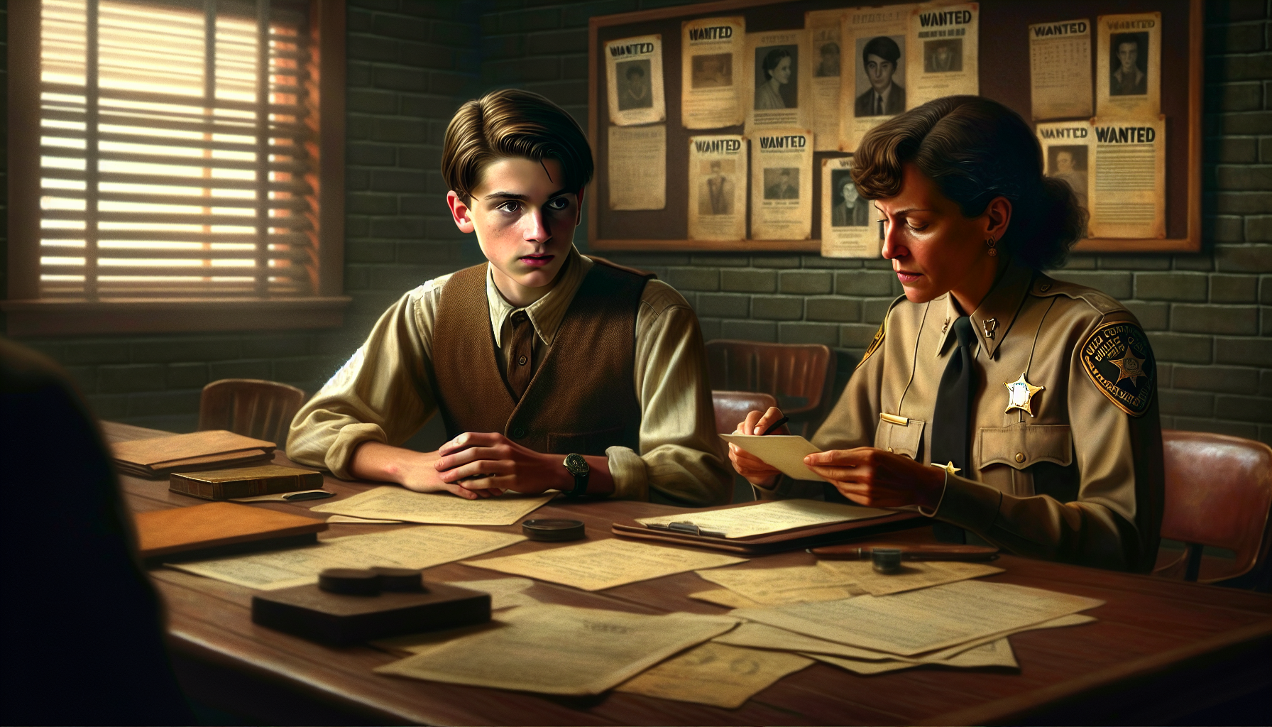 Sam and Deputy Sarah analyzing documents and linking disappearances to the Diner.