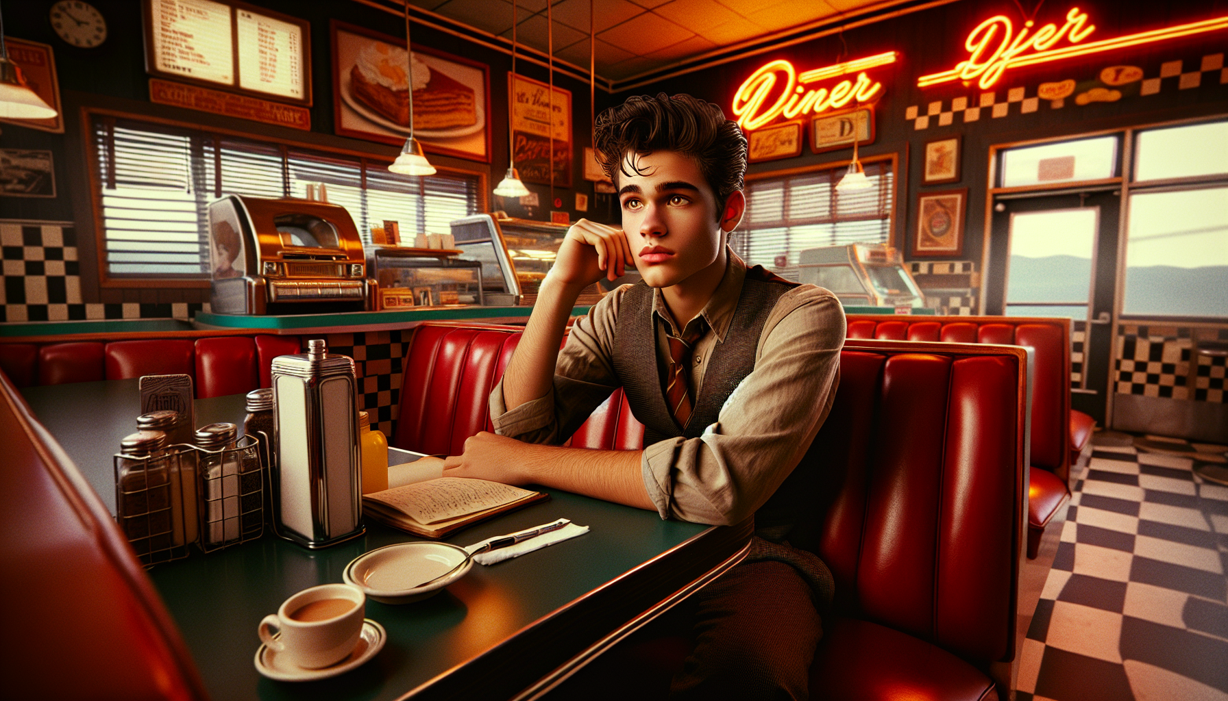 Sam reflecting in Sunnyside Diner, a sunny morning cast through the windows.