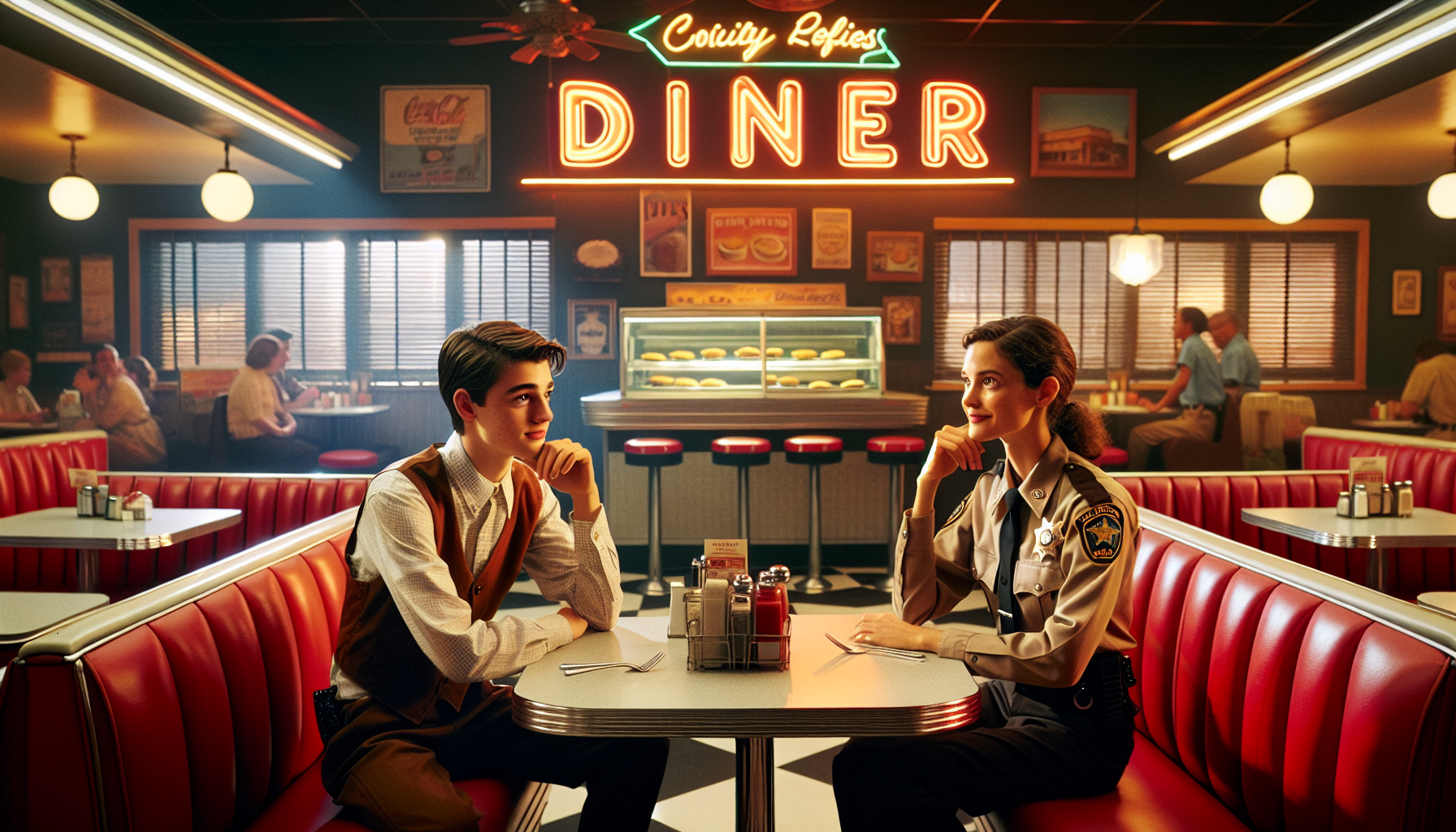 Sam and Sarah sharing a conversation in the diner about the recent ordeal and healing.