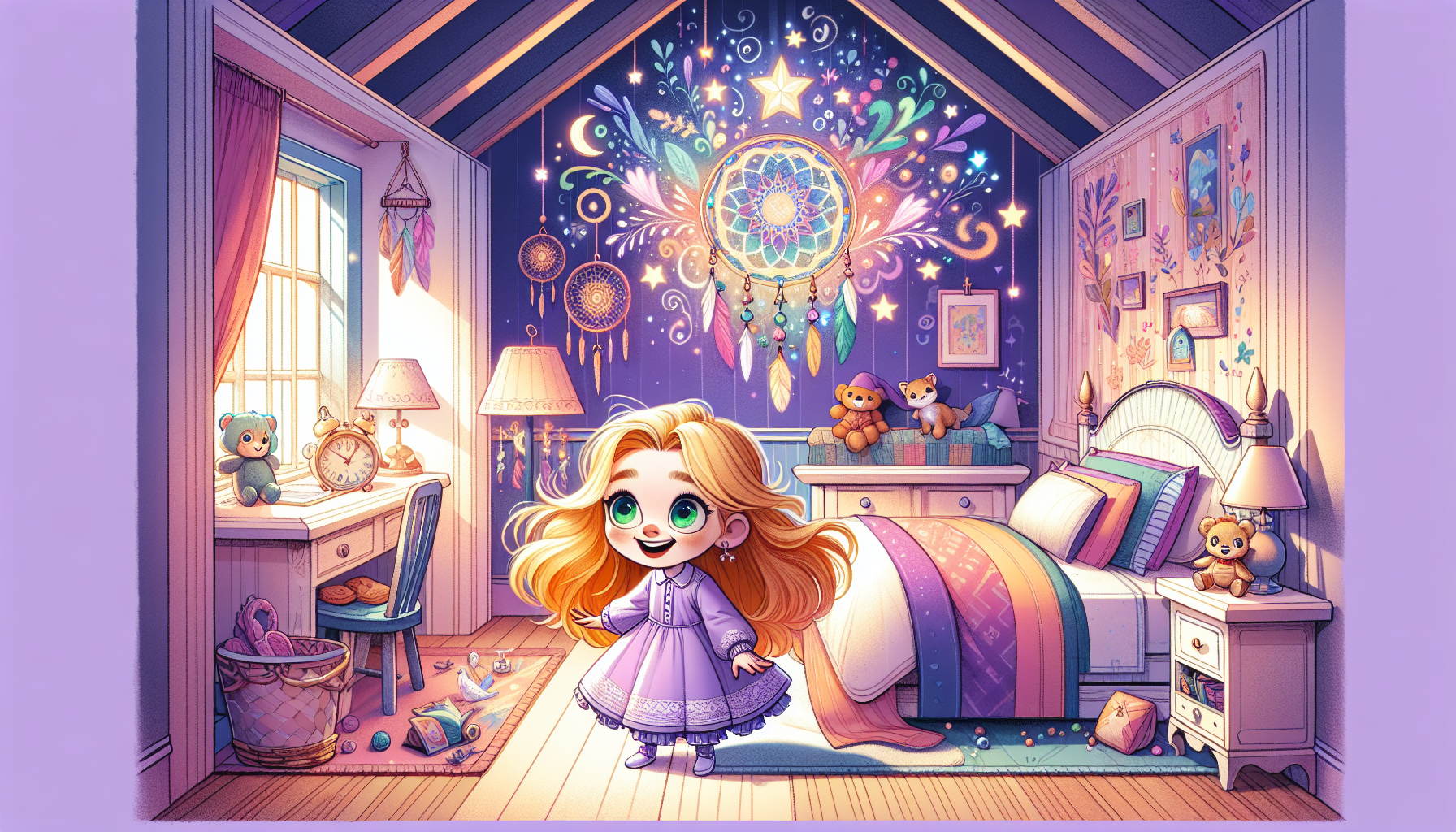 Lily sitting up in bed, watching magical lights dance across her bedroom walls at night.