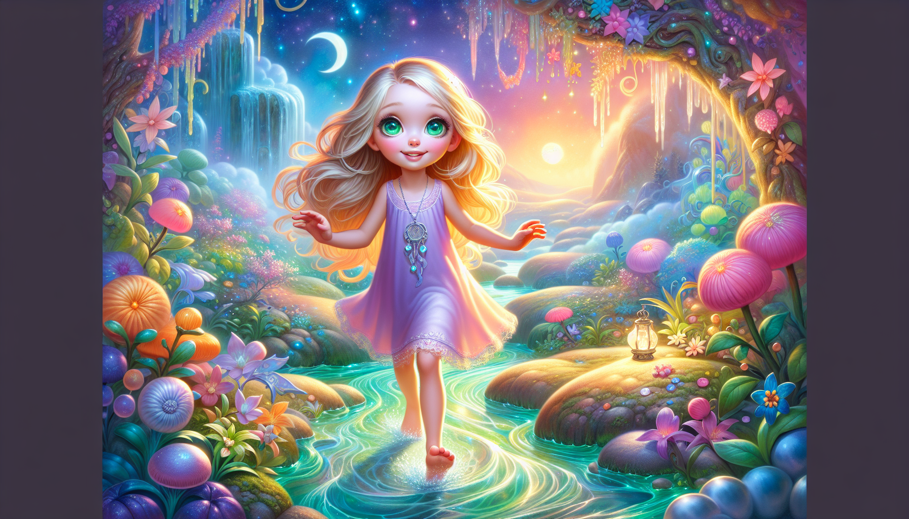 Lily stepping into a vibrant, magical dream world, barefoot on a soft, marshmallow-like ground.