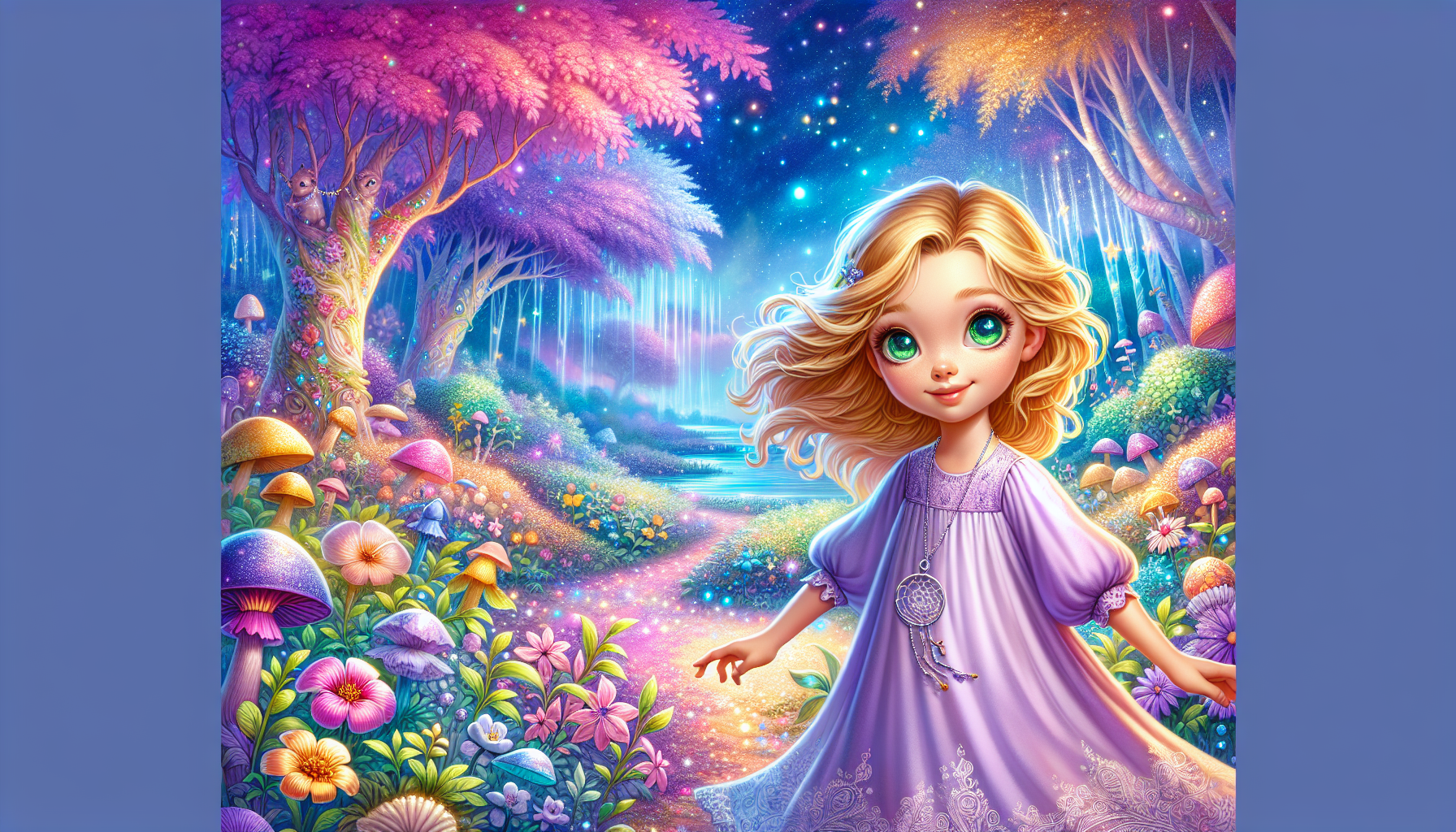 Lily walking through a field of shimmering, chiming flowers under a starry night in the dream world.