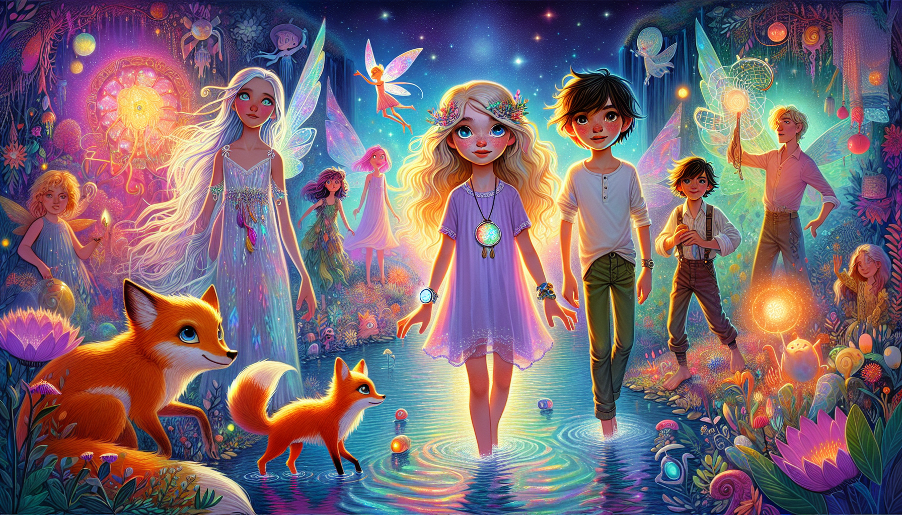 Lily and friends gathering by a shimmering lake in the dream world, faces marked with excitement and concern.