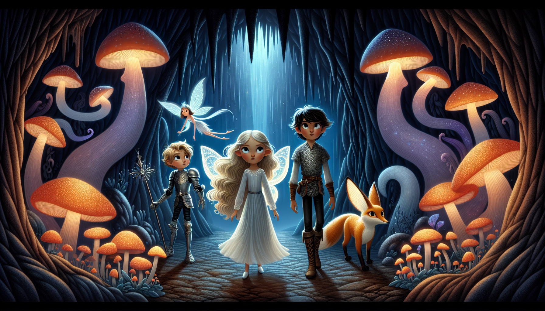 Lily and her friends poised at the entrance of a shadowy cave, ethereal light glowing within.