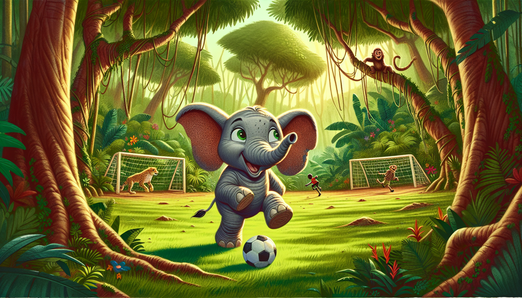 Ellie the elephant approaches the bustling soccer pitch filled with diverse animals, feeling both excited and anxious.