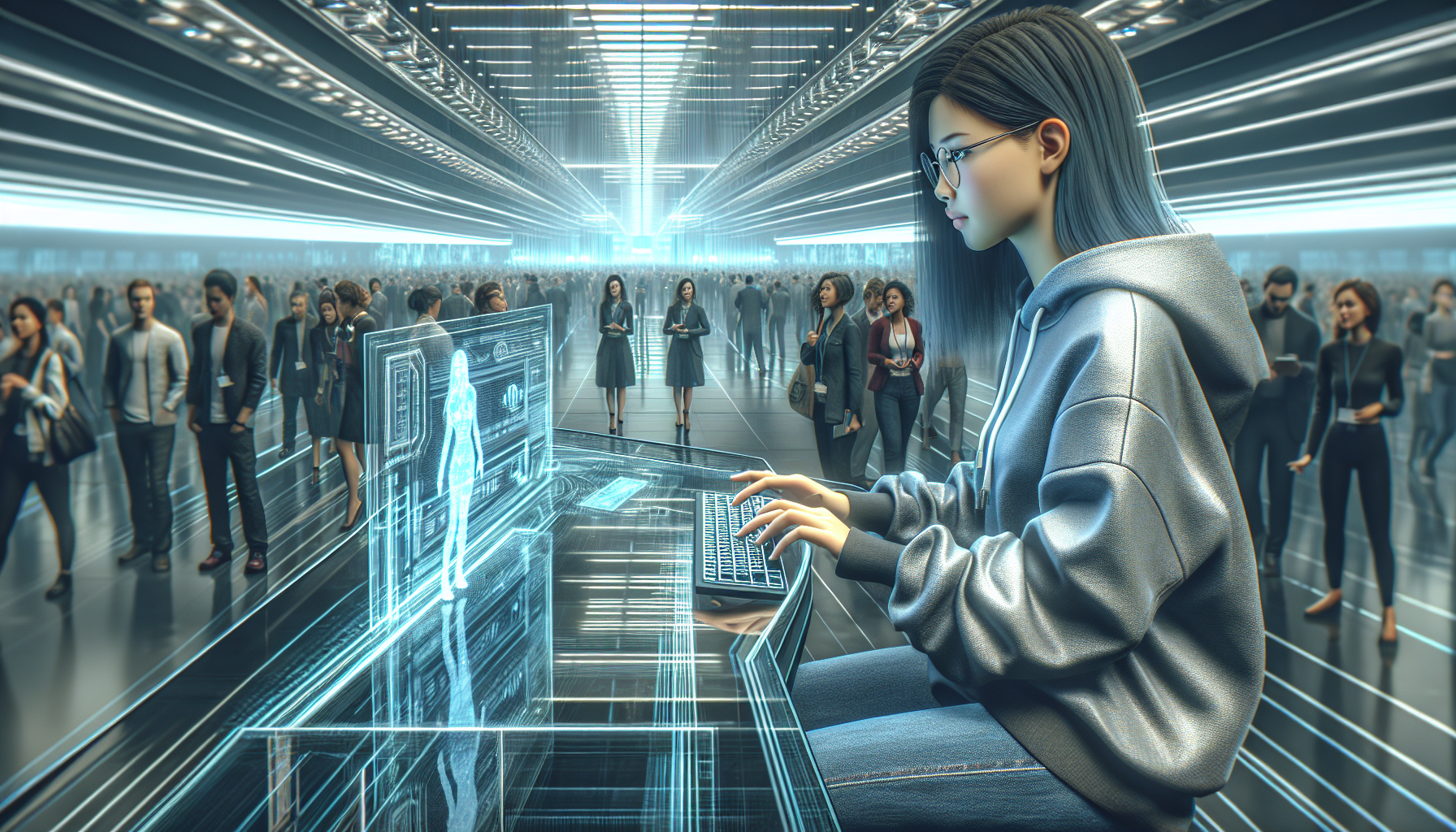 Zoe decrypts a hidden message at a holo-terminal, triggering chaos among attendees.