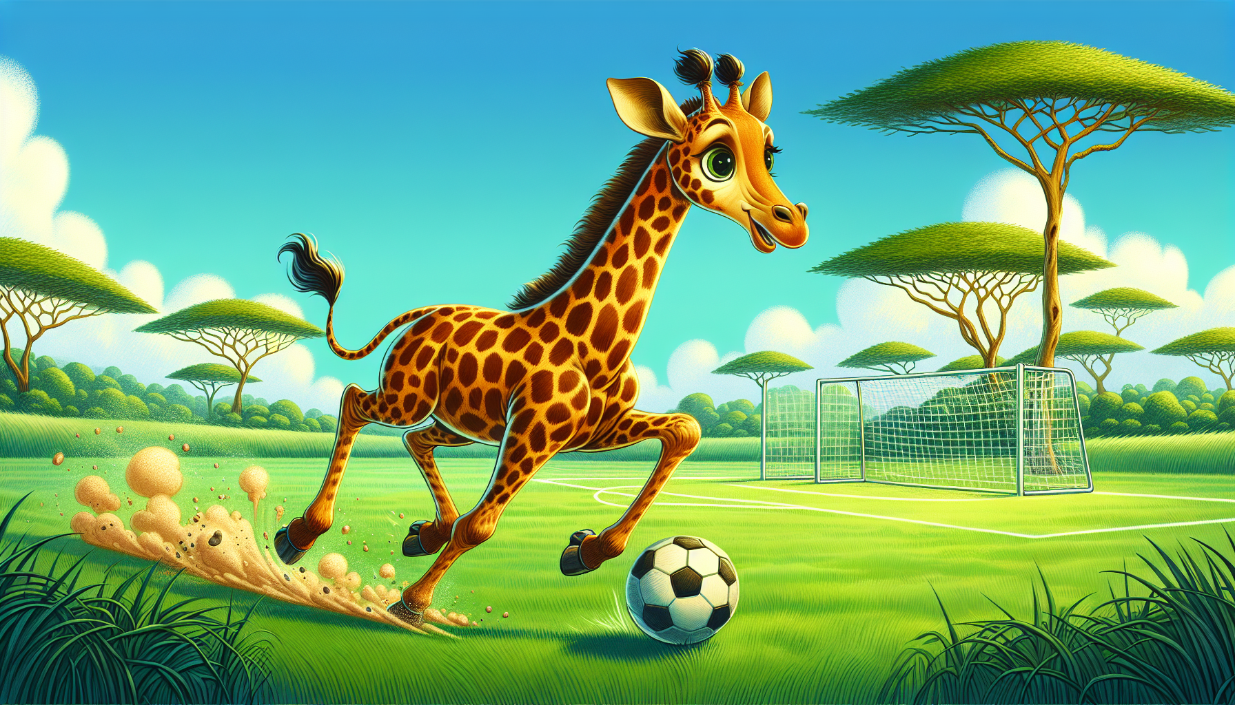 Gerry the giraffe playing soccer on a sunny savanna field.