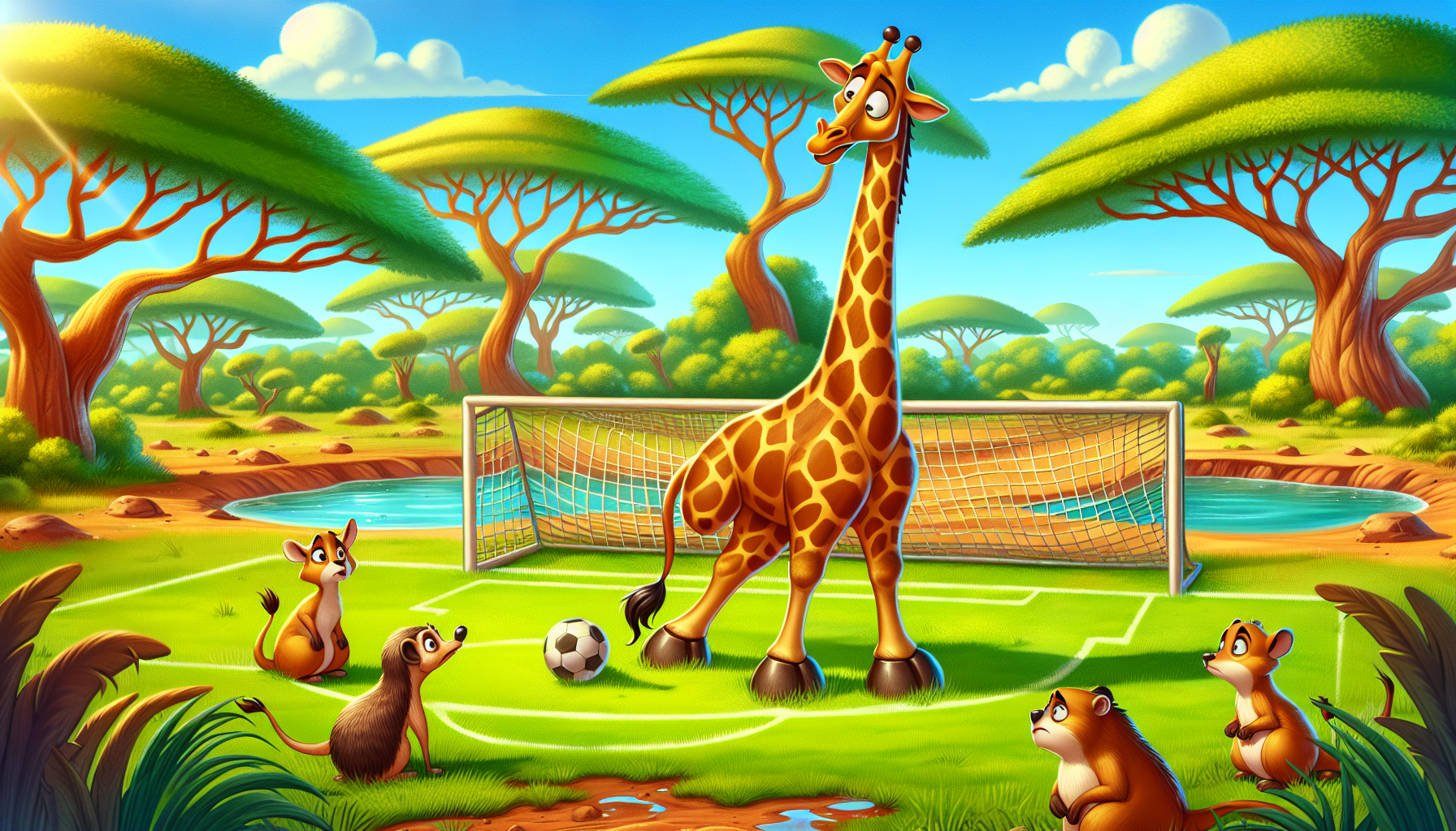 Gerry the giraffe tangled in the soccer net with concerned friends around.