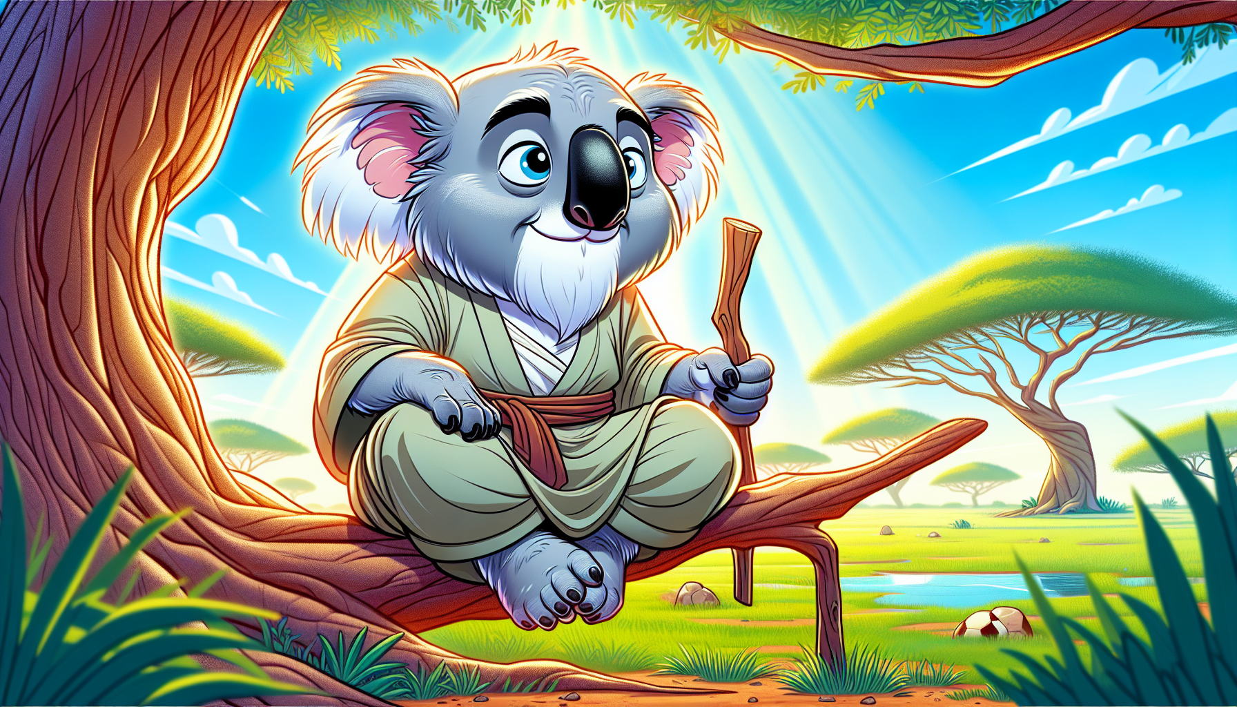 Zen the koala meditating on an acacia branch at dawn.