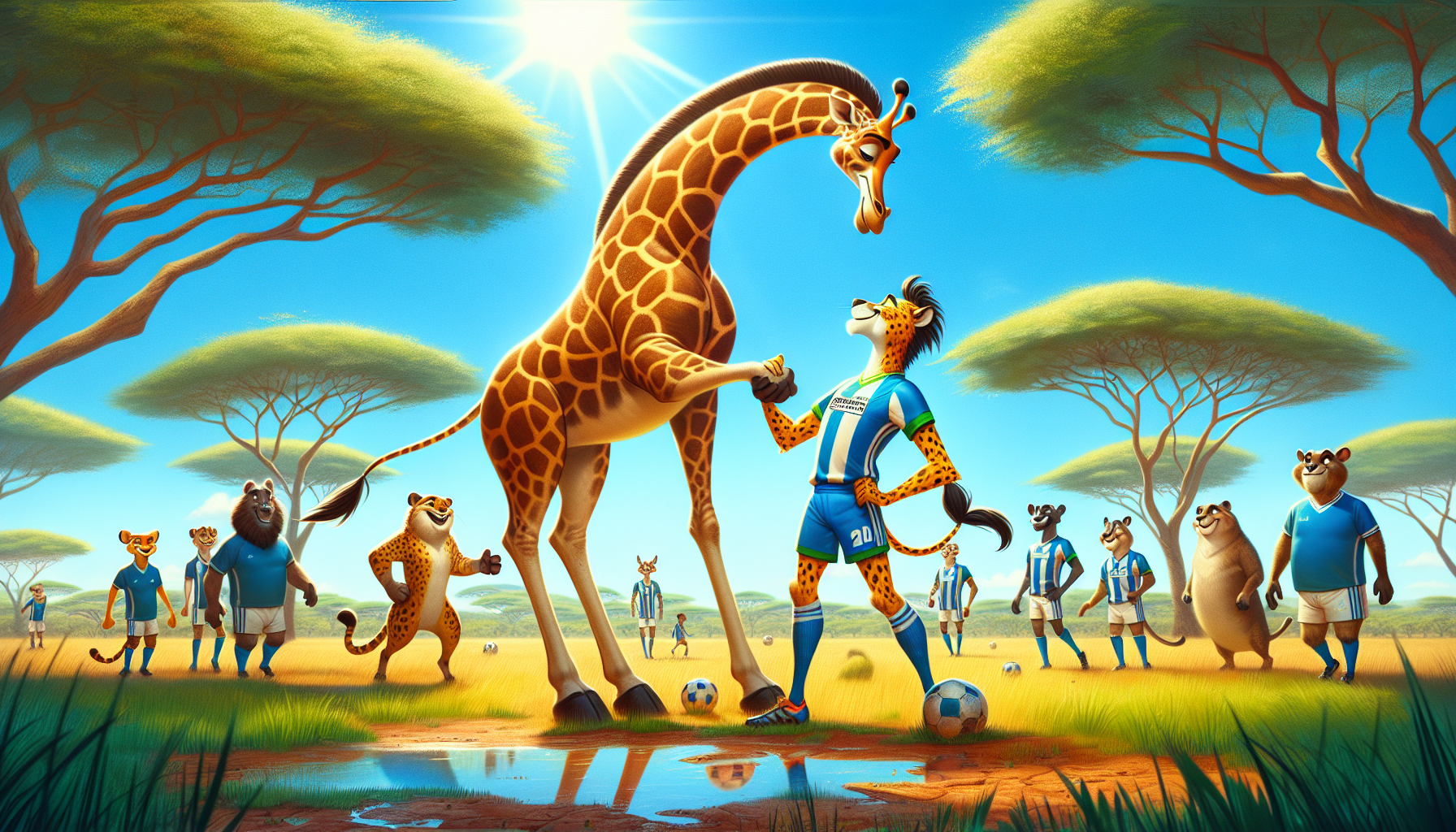 Gerry shaking hands with a cheetah striker, showing sportsmanship post-game.