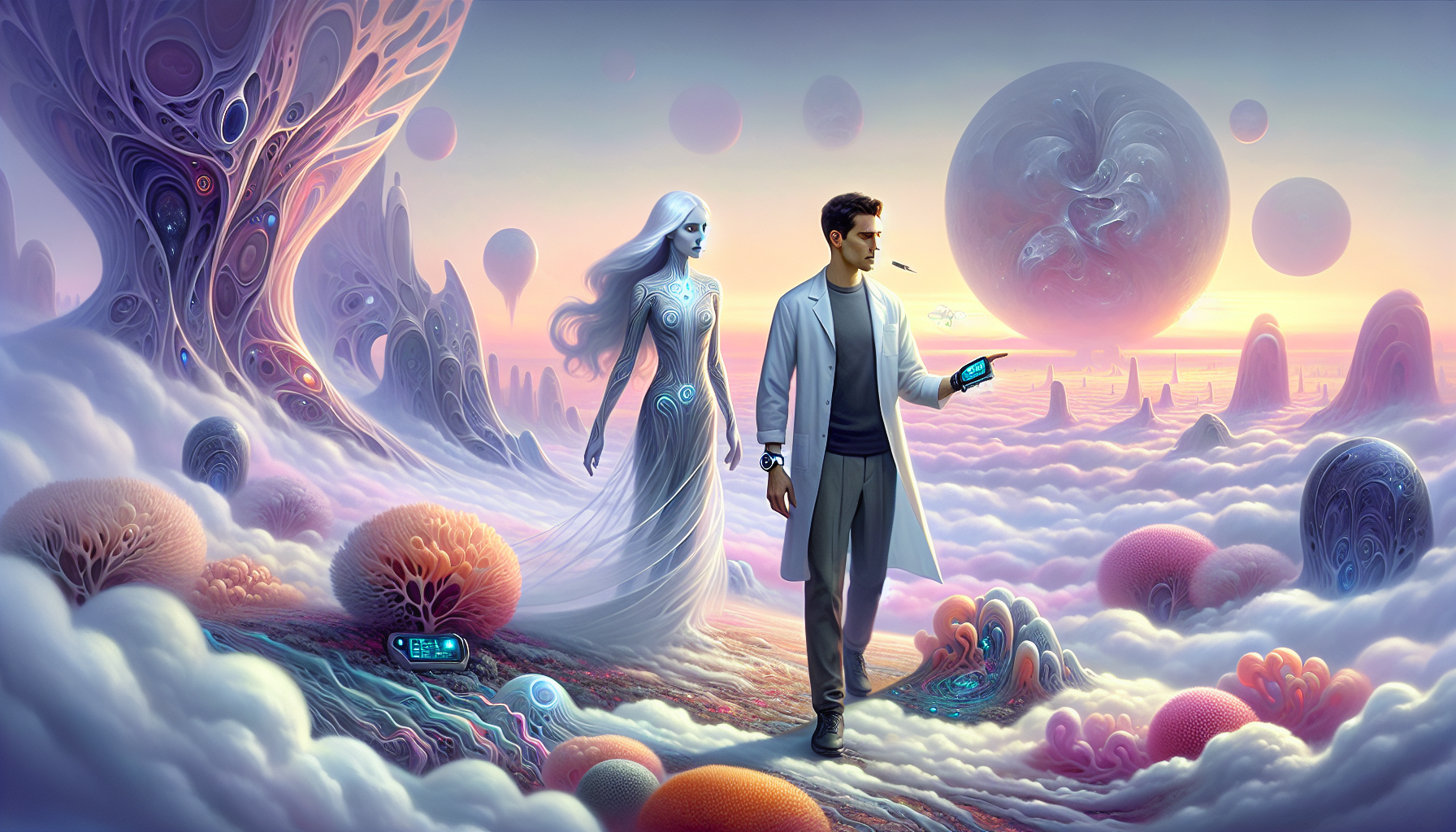 Elara approaching Daniel in an alien landscape, offering guidance.