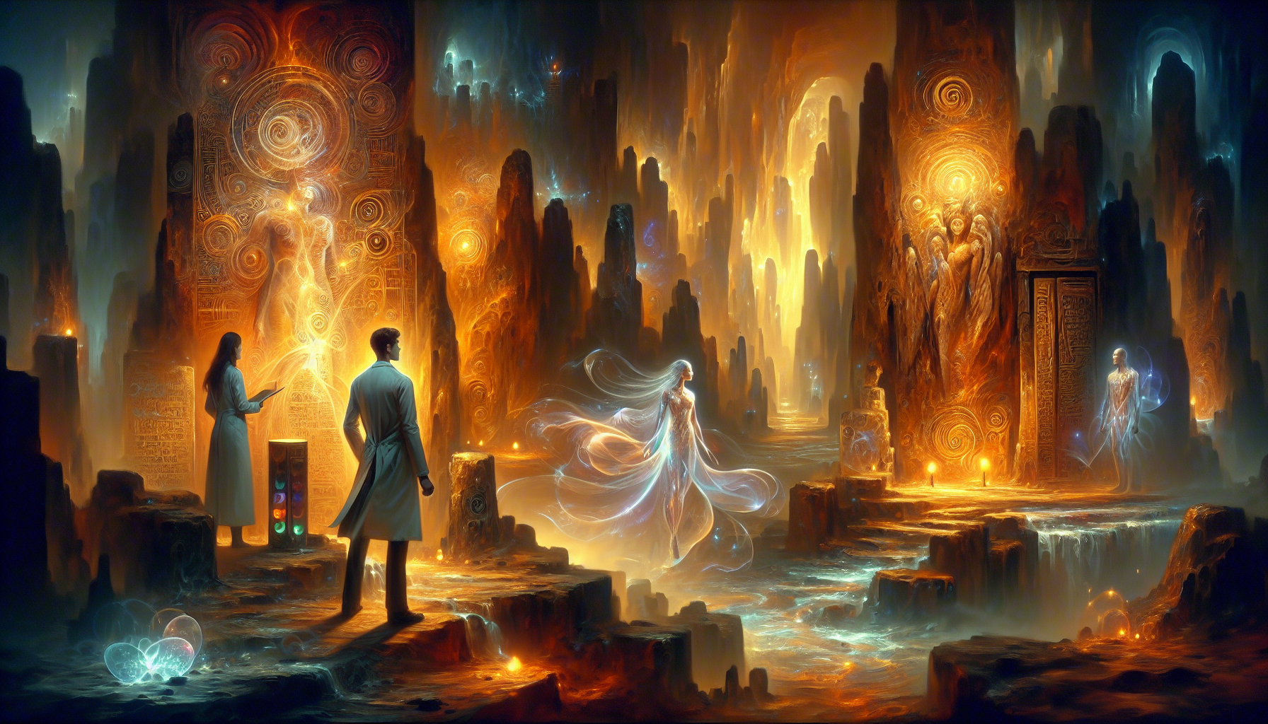 Daniel, Elara, and rebels unravel the connection between love and the universe in a cavern.