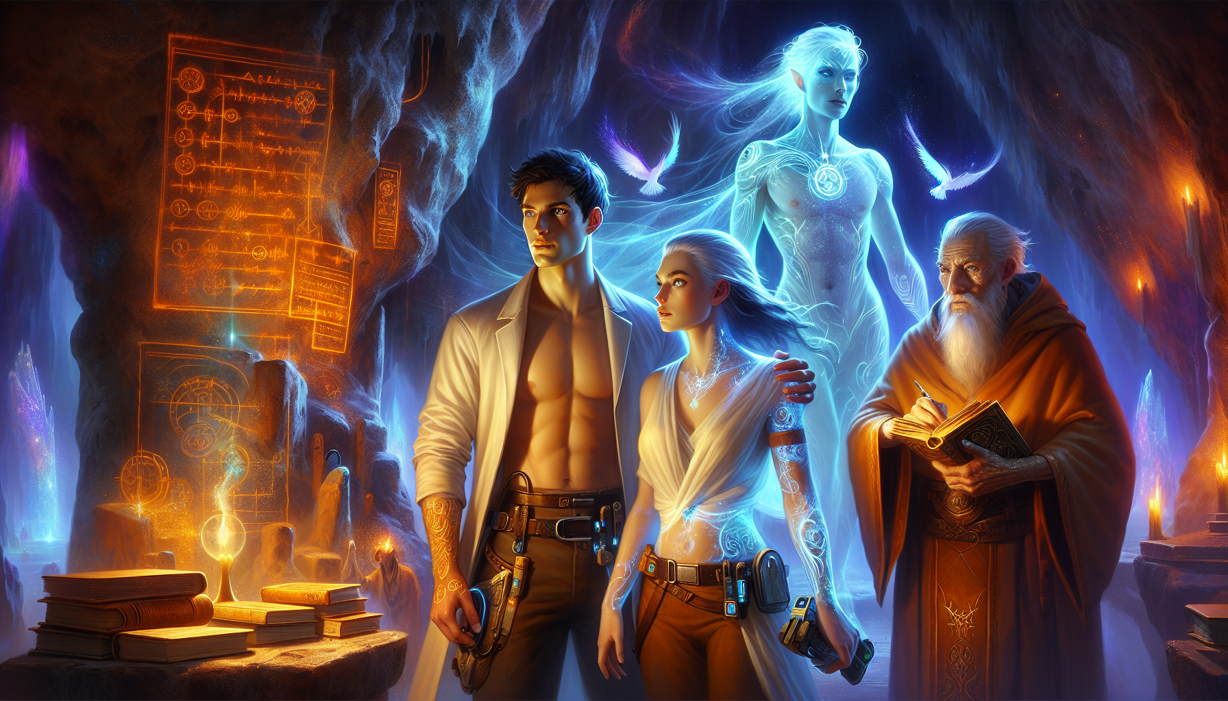 Daniel and Elara strategizing with rebels in an ancient, script-filled cavern.