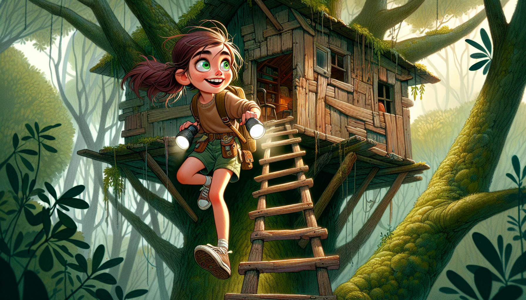 Lucy climbs down from the treehouse, filled with excitement for an adventure.