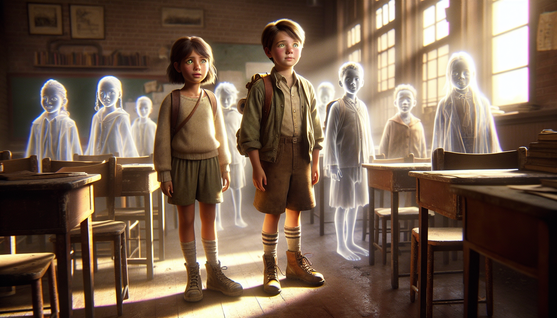 Lucy and Jamie meeting the ghostly students in a dusty, old classroom.