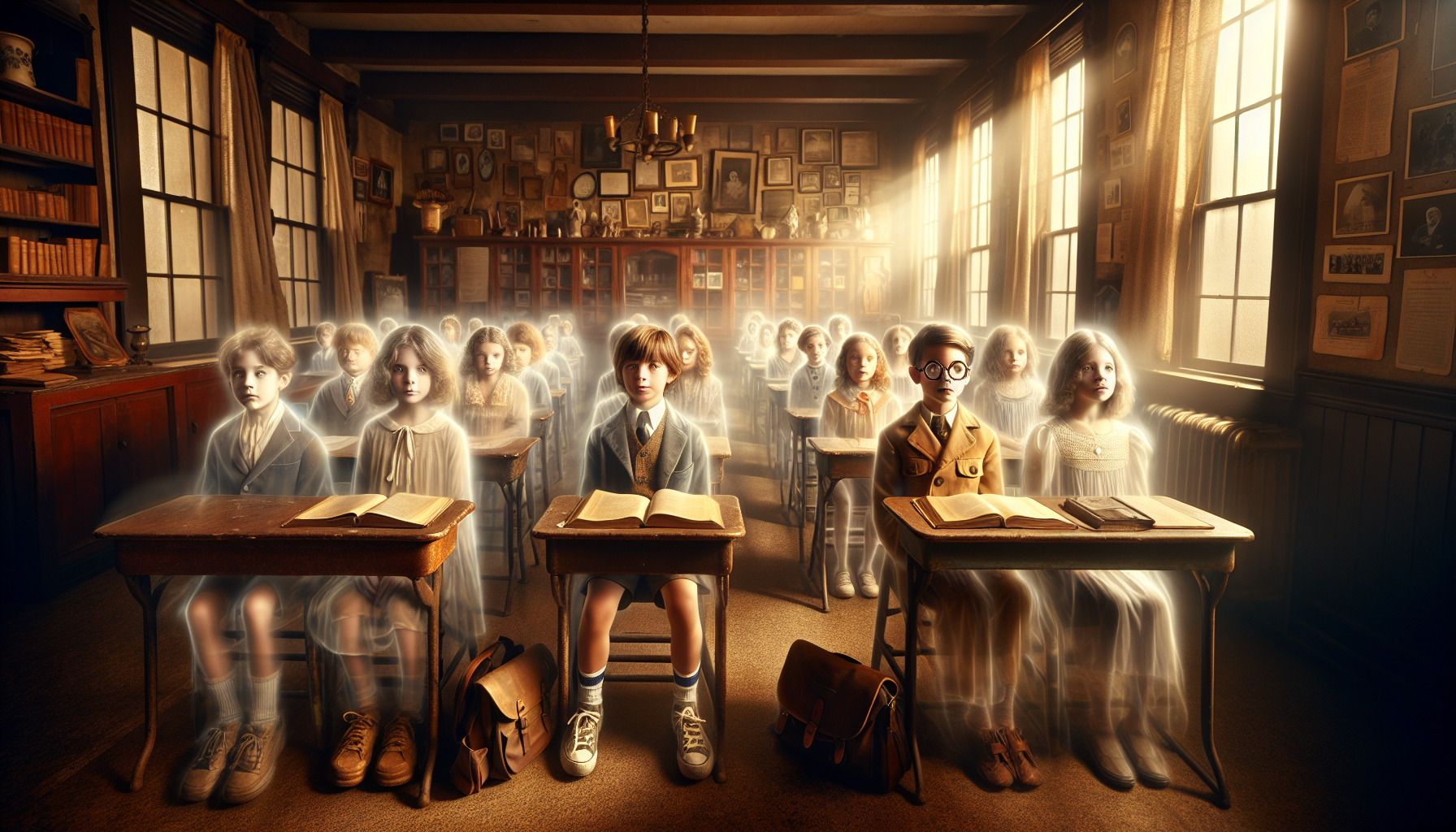 A warm glow illuminates the classroom as Lucy and Jamie bond with the ghostly students.