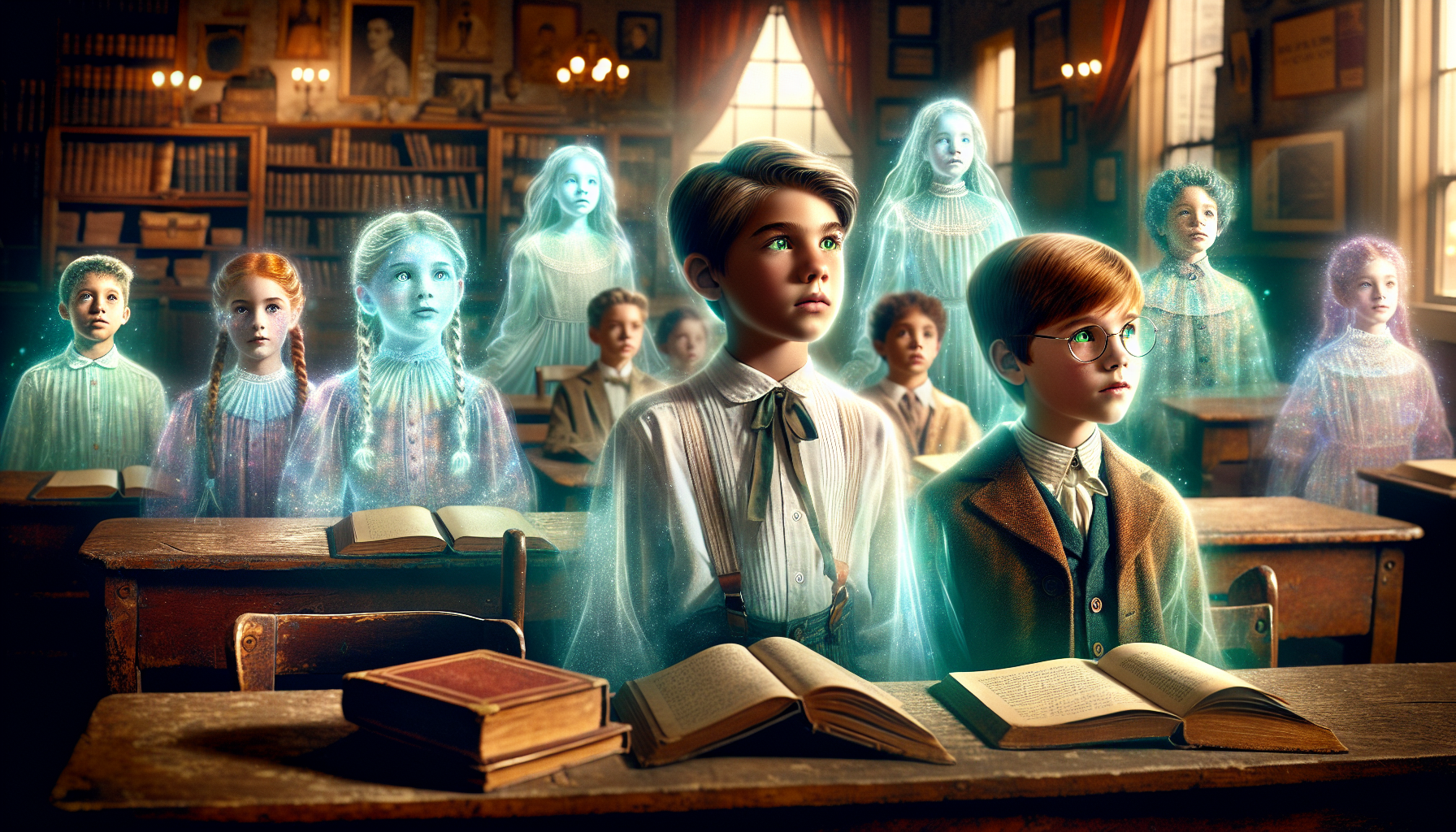 Ghostly students beginning to ascend, becoming more colorful, as Lucy and Jamie watch.