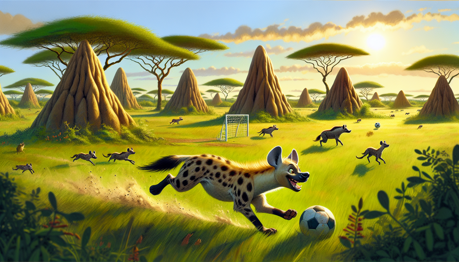 Harry races across a soccer field preparing to kick a ball, surrounded by acacia trees.