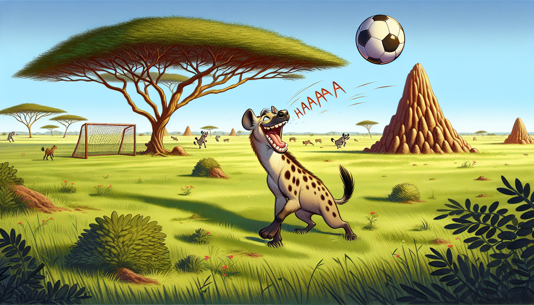 A laughing Harry accidentally kicks a ball high into an acacia tree with Elephant All-Stars watching.