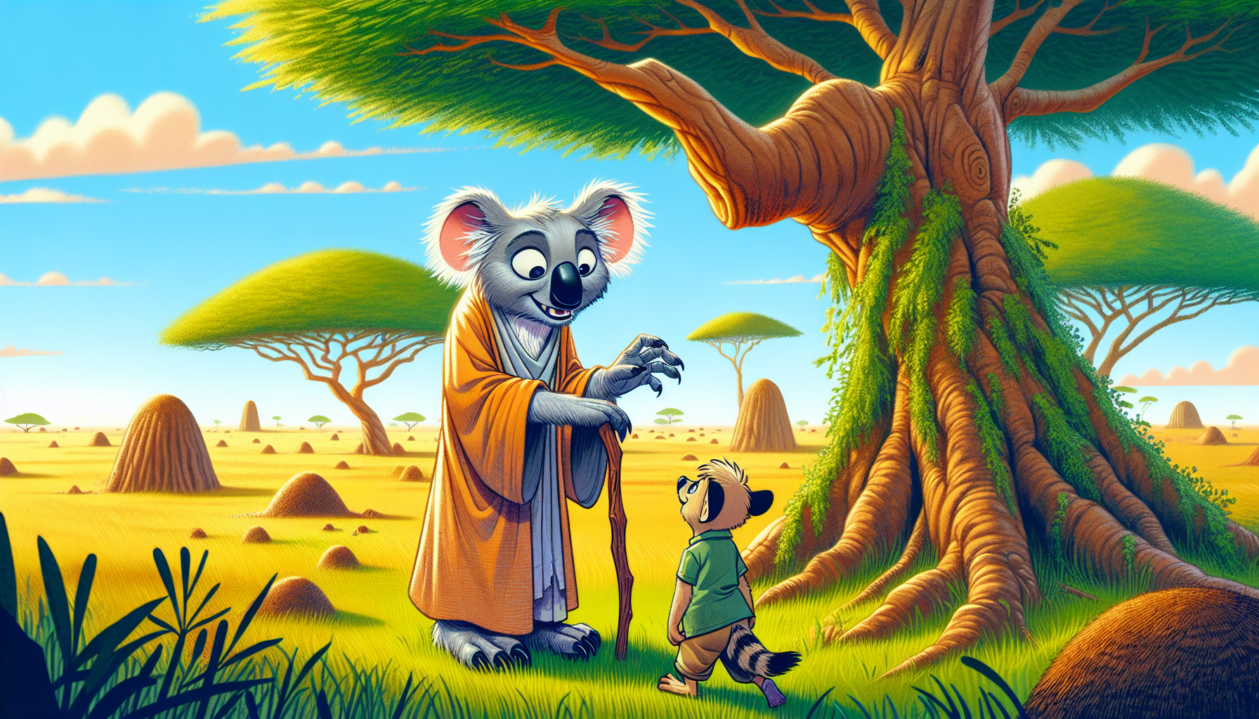 Harry meets Zen, the koala coach, who descends from an acacia tree, offering guidance.