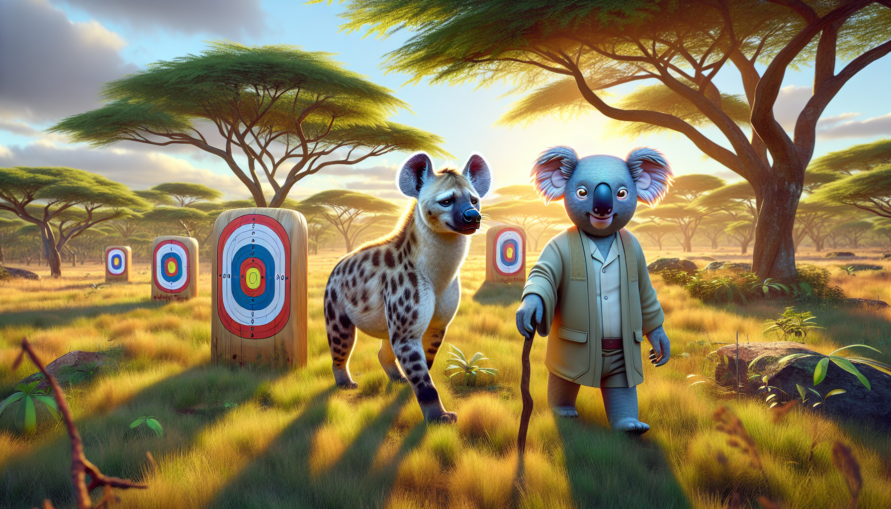 Harry and Zen approach a training area with comically designed soccer targets in a grassland.