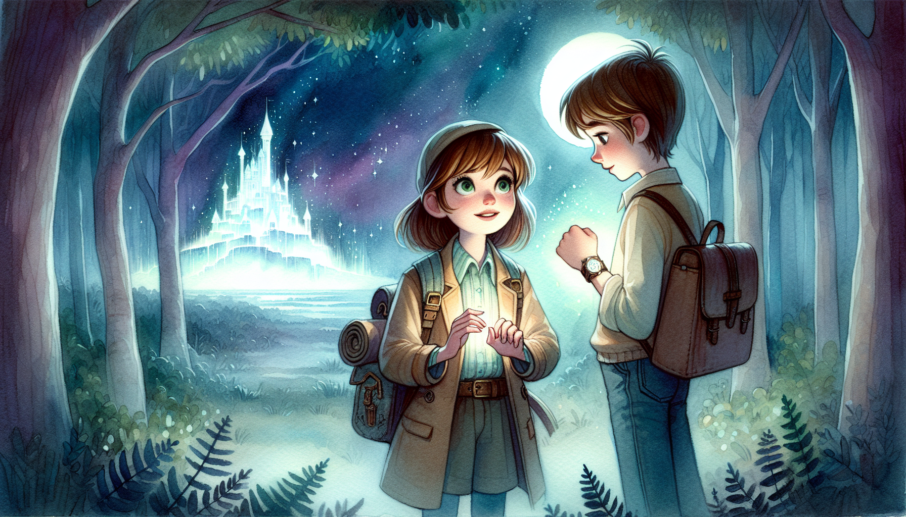 Emma and Noah discovering a glowing, shimmering invisible castle in a forest clearing under moonlight.