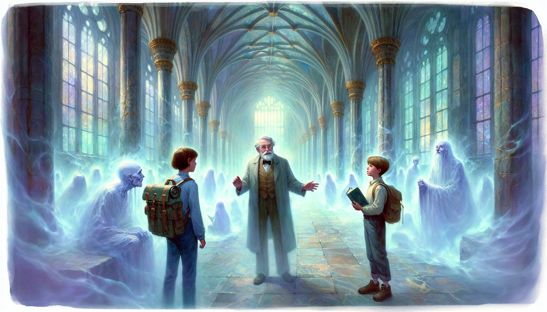 An elderly ghost explaining the curse to Emma and Noah in the grand entrance hall.