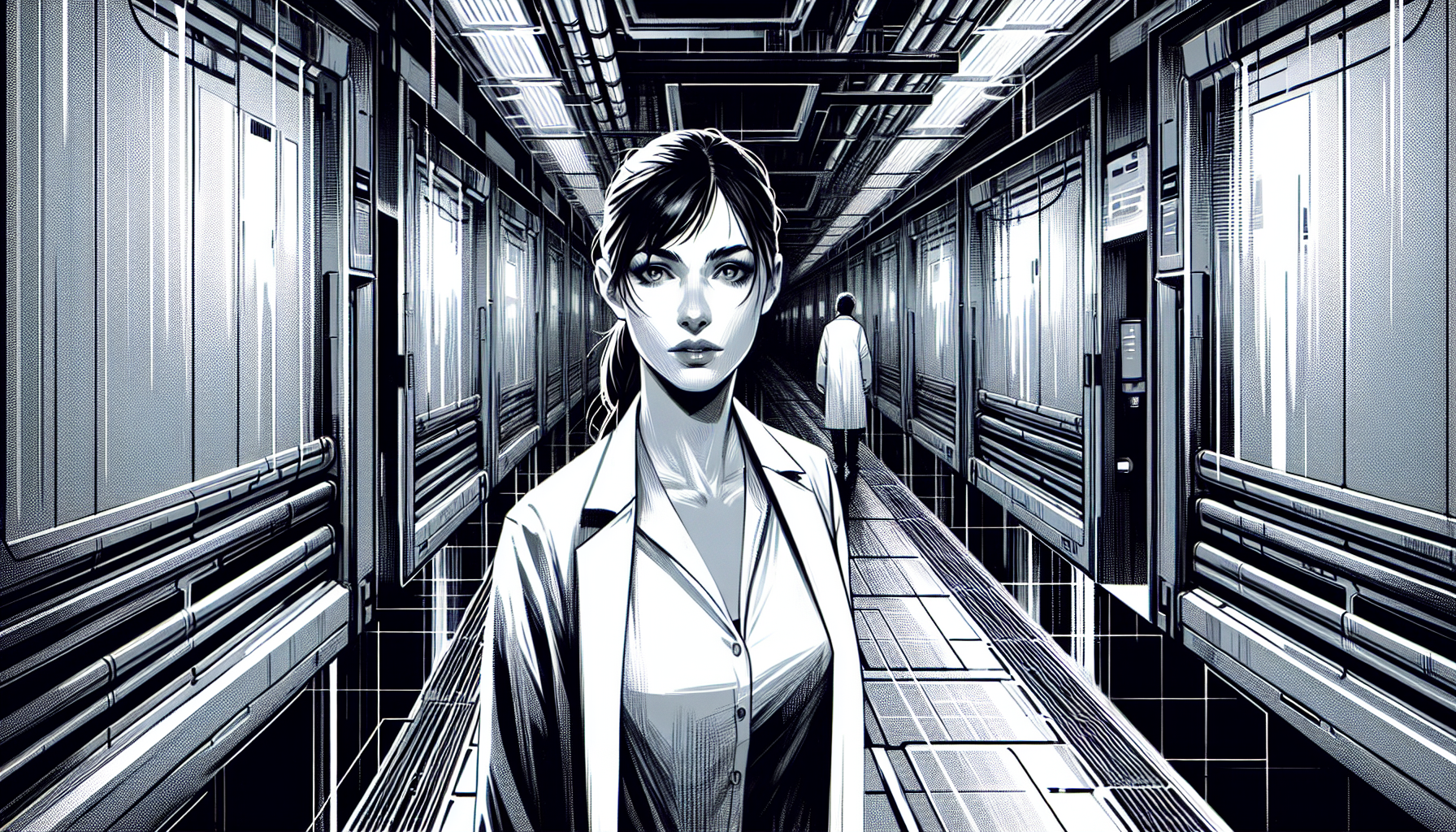 Helena walking alone in the empty, dimly lit corridor of the space station.