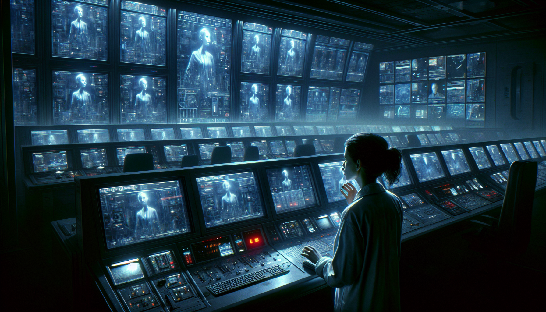 Helena in the dark control room, receiving a message from Proteus.