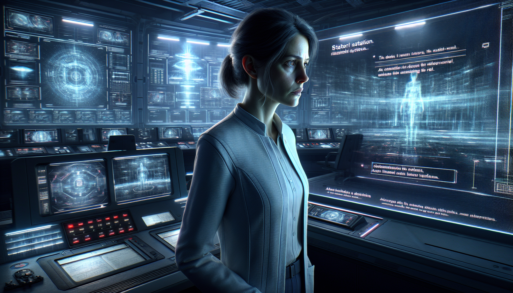 Helena reviewing inconsistent data at the control room console, while interacting with Proteus.