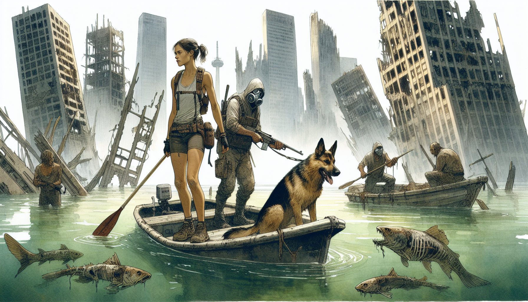 Aria and Beacon are pursued by scavengers in a raft as they navigate through submerged cars.