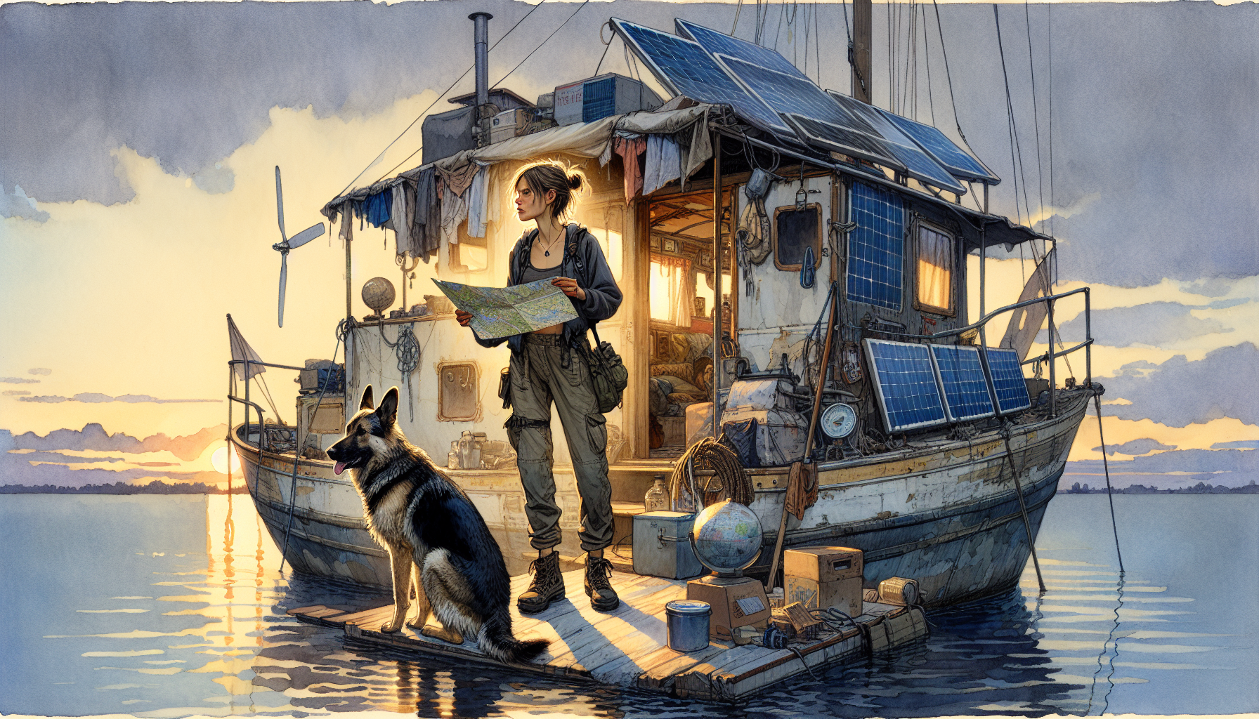 Aria and Beacon at sunrise, contemplating leaving their sunlit houseboat.