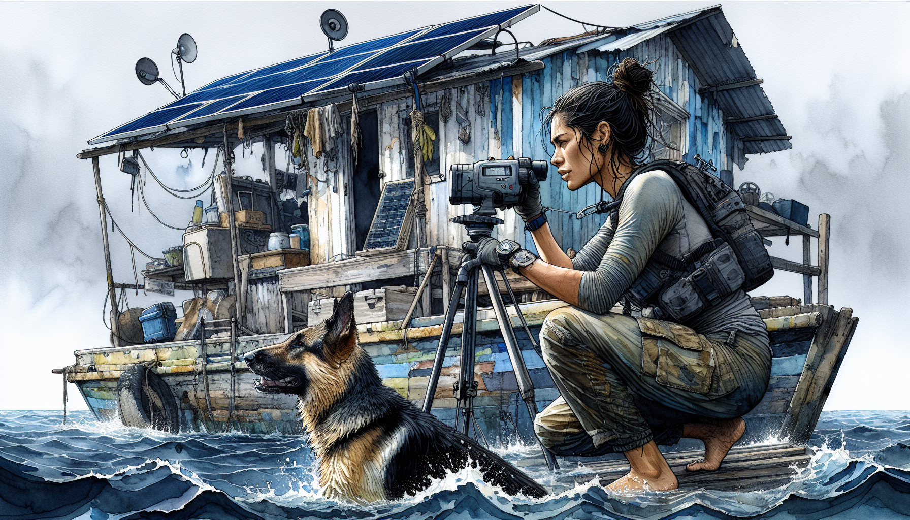 Aria uses a sonar device on her houseboat to detect underwater threats while Beacon looks on.