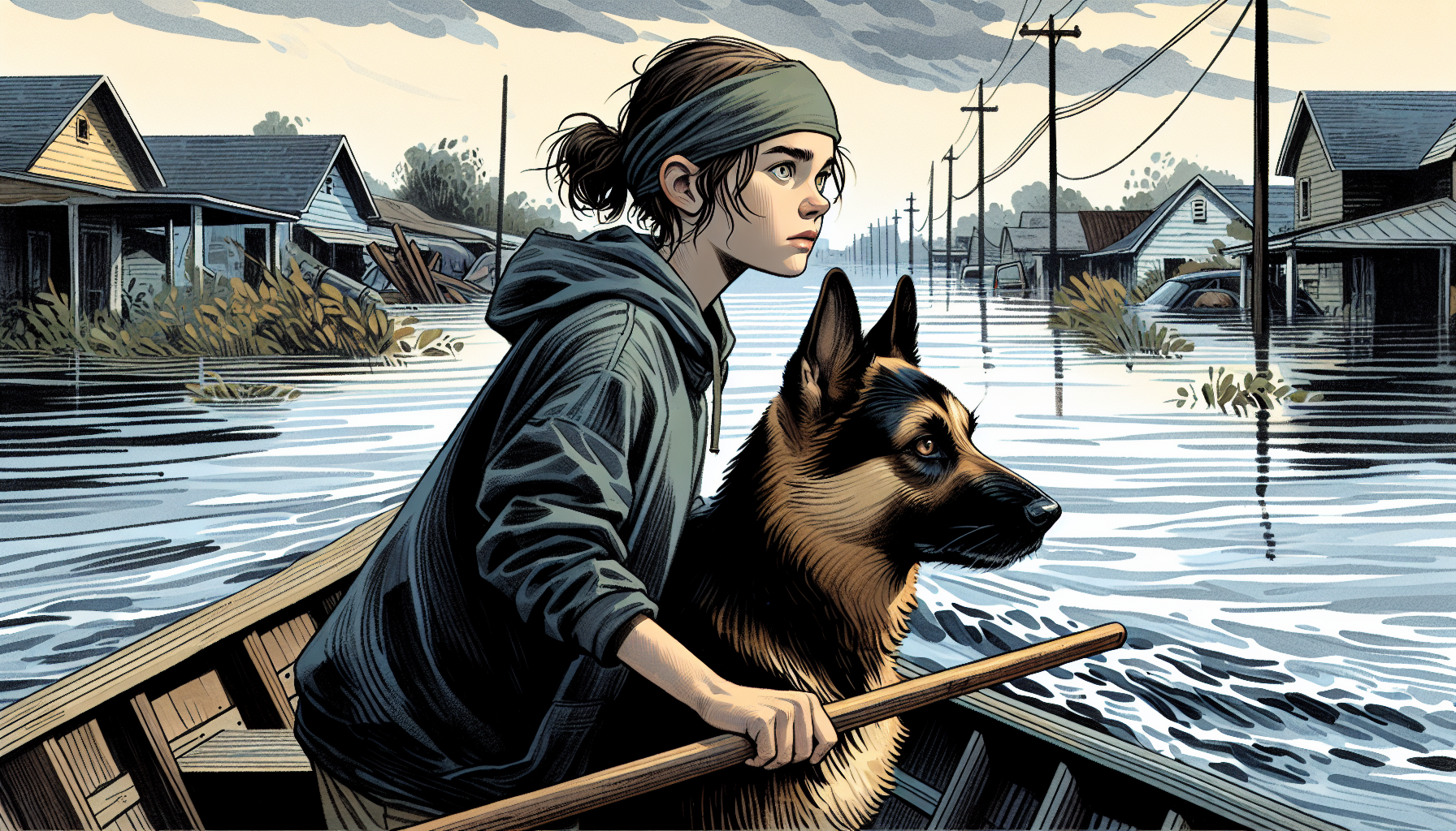 Aria navigates through a submerged suburban area as shadows lengthen in the afternoon sun.