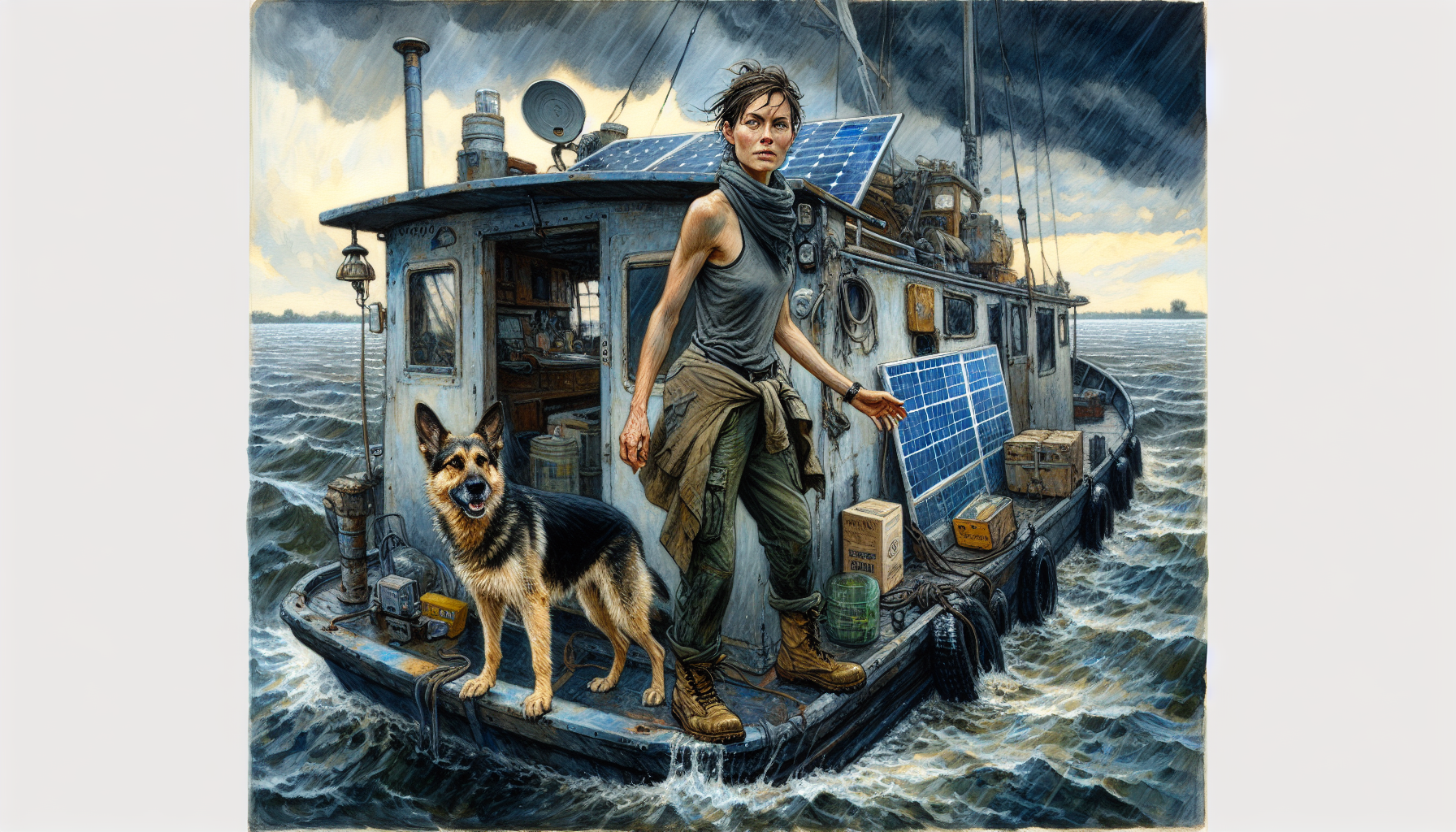 Aria and Beacon prepare for a storm on their houseboat as dark clouds gather overhead.