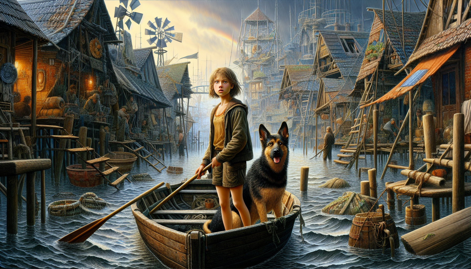 Rooftop community members beckon Aria and Beacon to safety during a storm.