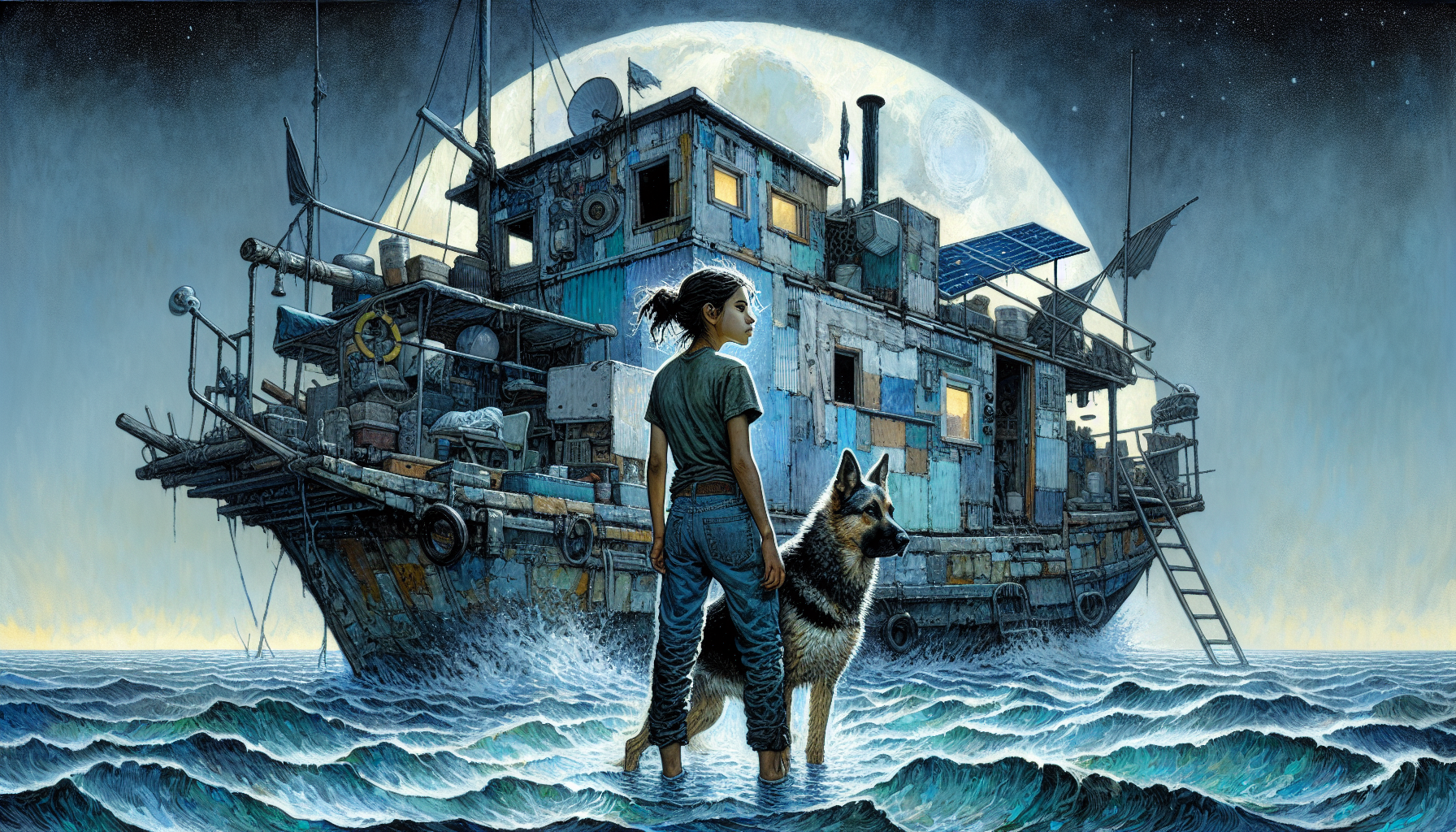 Fleeing under a moonlit sky, Aria steers the houseboat determinedly with Beacon beside her.