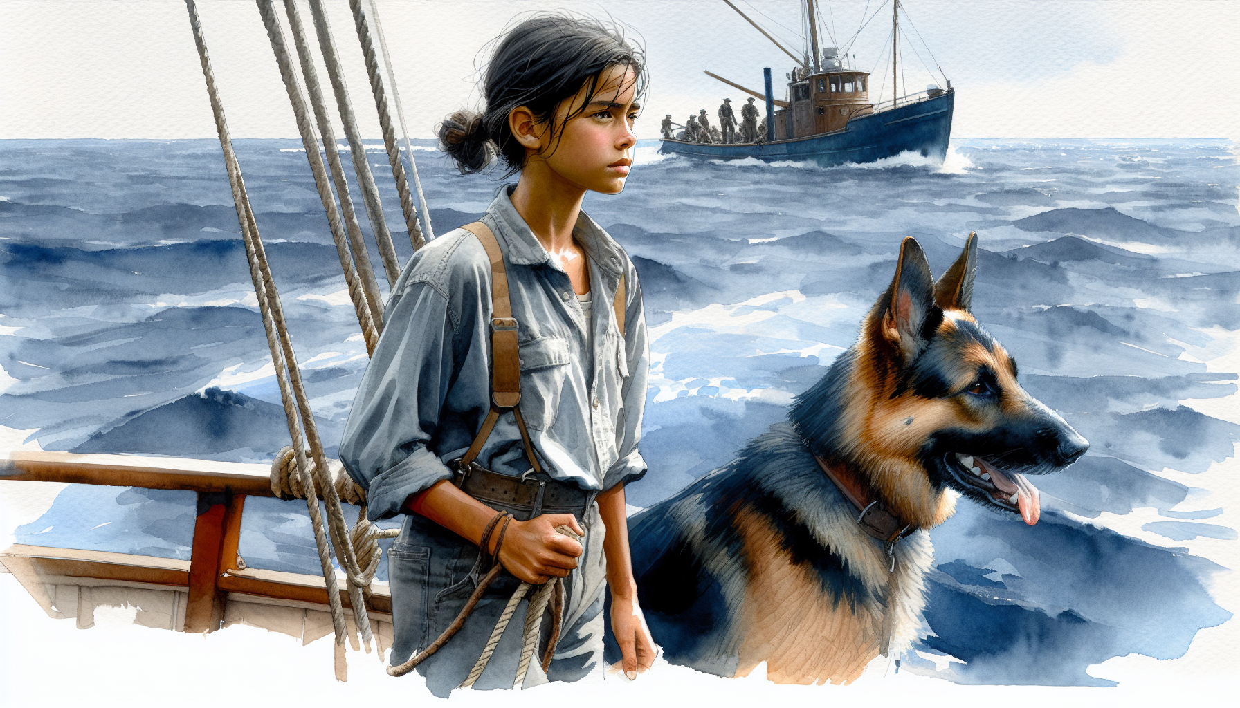 Pursuers chase Aria and Beacon across open seas, their distant vessel outlined at dawn.