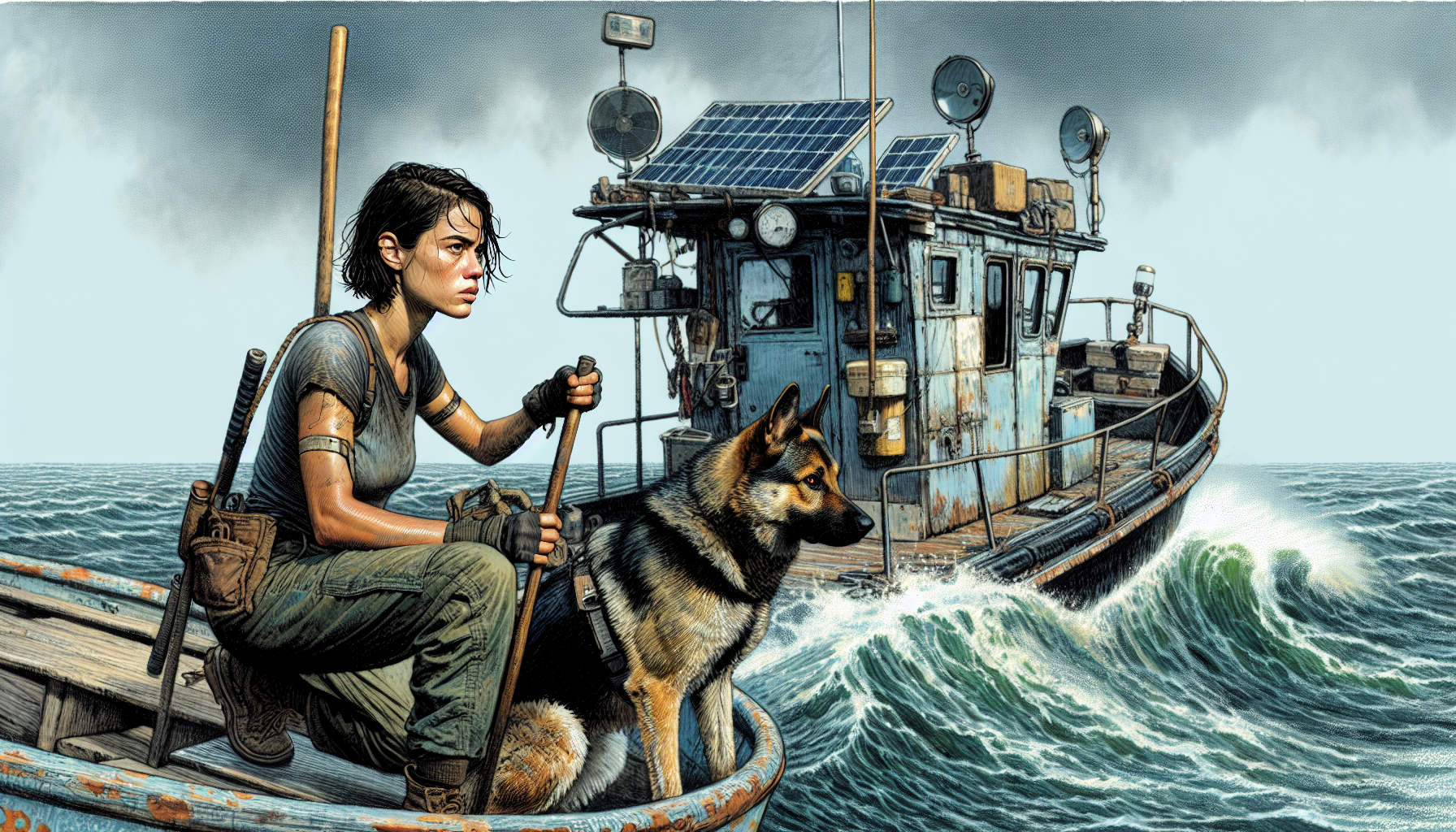 Aria navigates her houseboat alongside the whirlpool, guided by hope, with Beacon nearby.